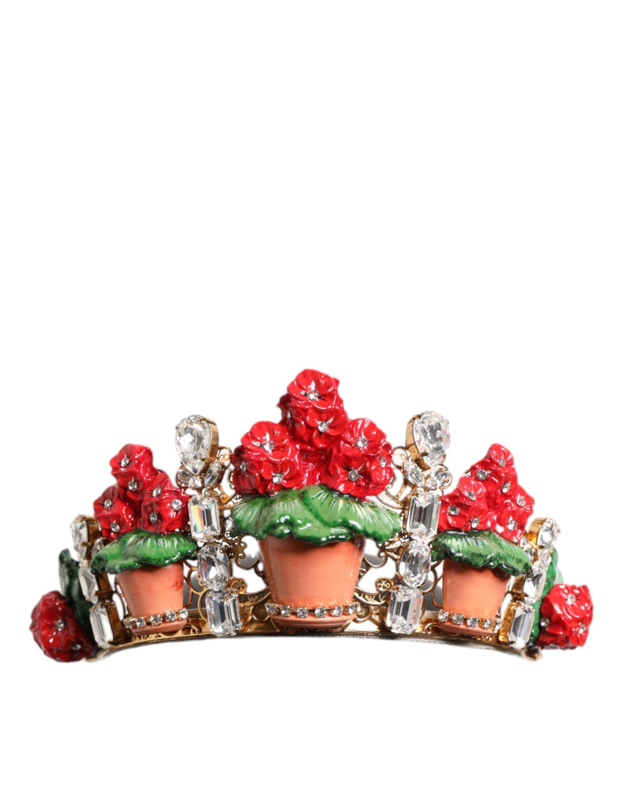 Red Floral Flowerpot Crystal Gold Crown Tiara Headband - ventzia