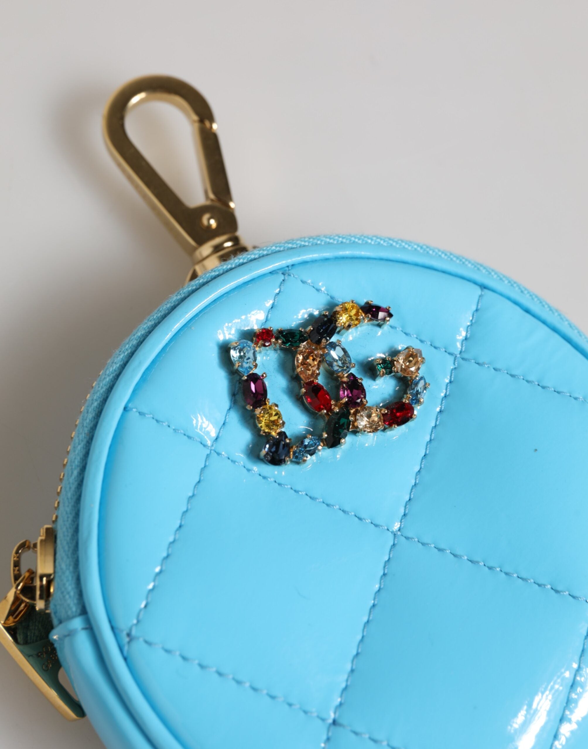 Azure Blue Leather Round Coin Purse Keychain Crystal Logo Wallet - ventzia