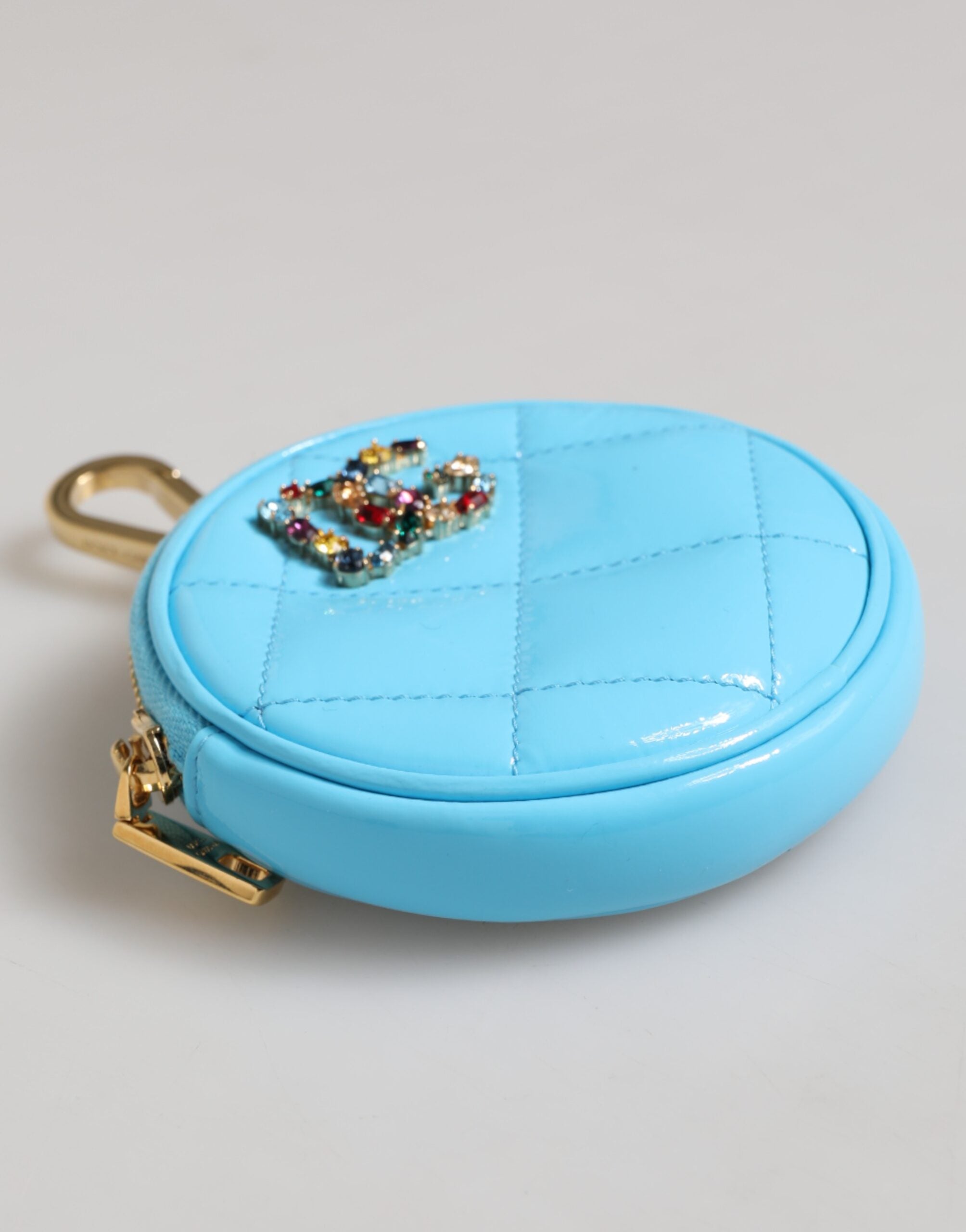 Azure Blue Leather Round Coin Purse Keychain Crystal Logo Wallet - ventzia