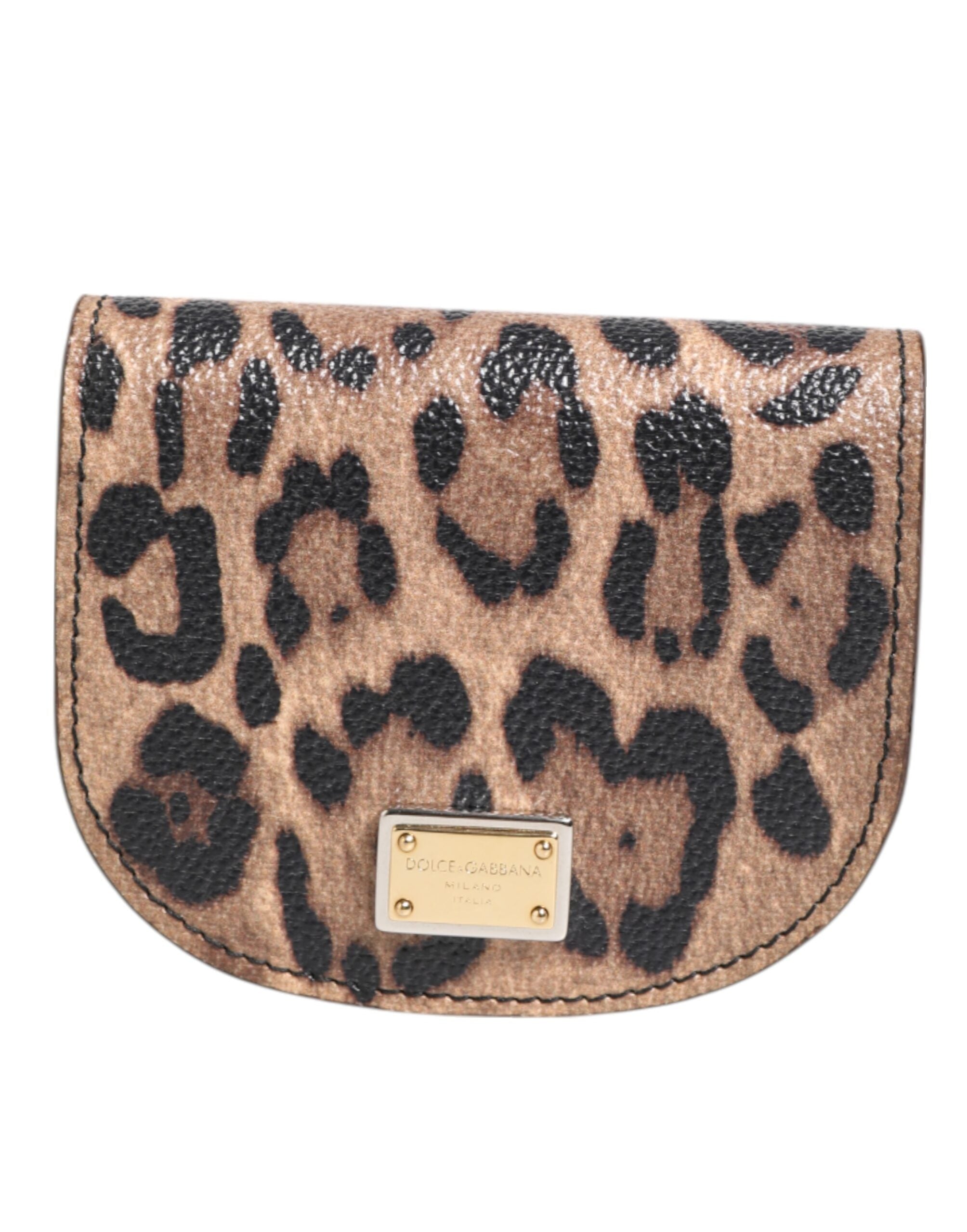Brown Black Calf Leather Leopard Print Logo Plaque Wallet - ventzia