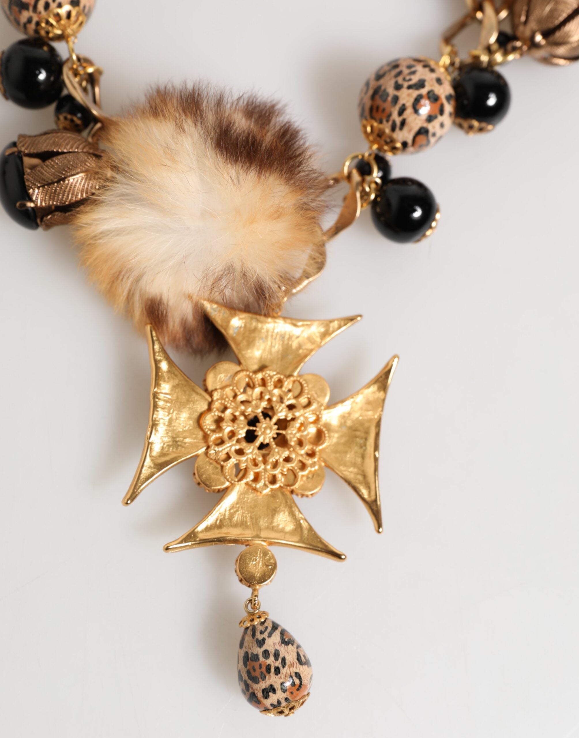 Gold Black Crystals Lapin Fur Filigree Choker Necklace - ventzia