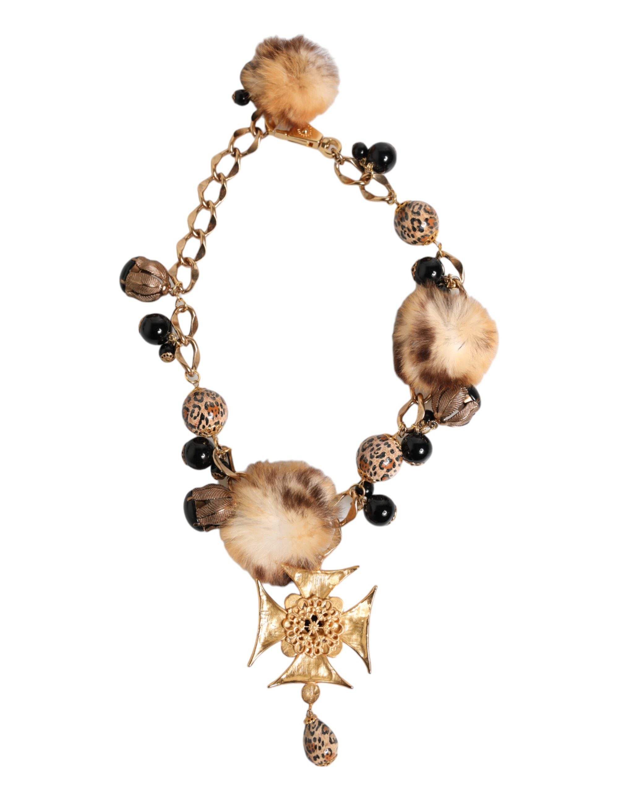 Gold Black Crystals Lapin Fur Filigree Choker Necklace - ventzia
