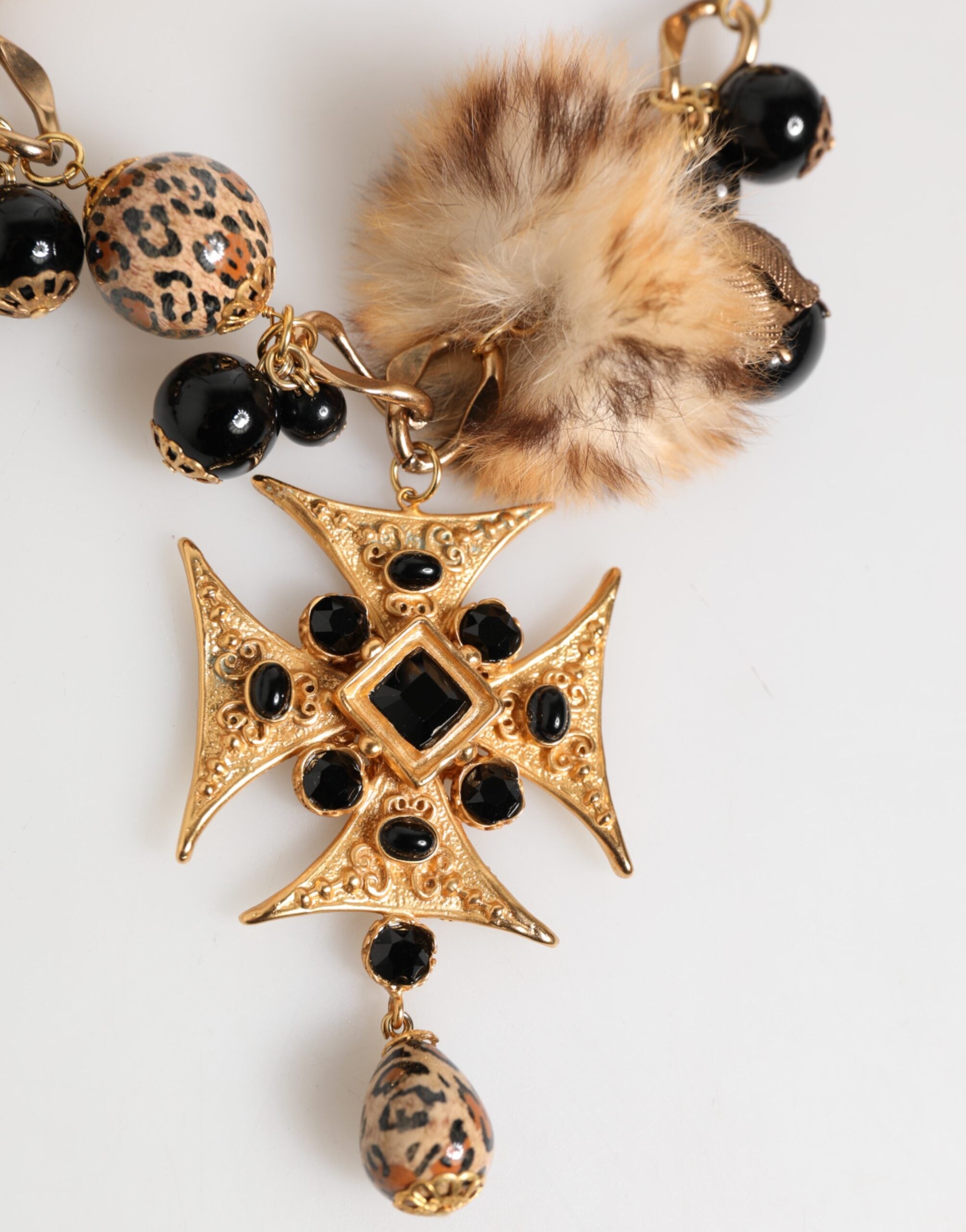 Gold Black Crystals Lapin Fur Filigree Choker Necklace - ventzia