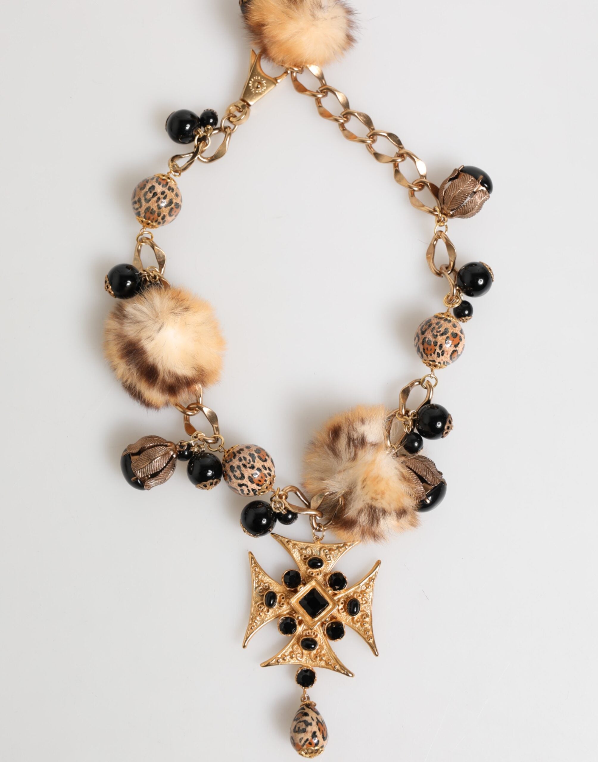 Gold Black Crystals Lapin Fur Filigree Choker Necklace - ventzia