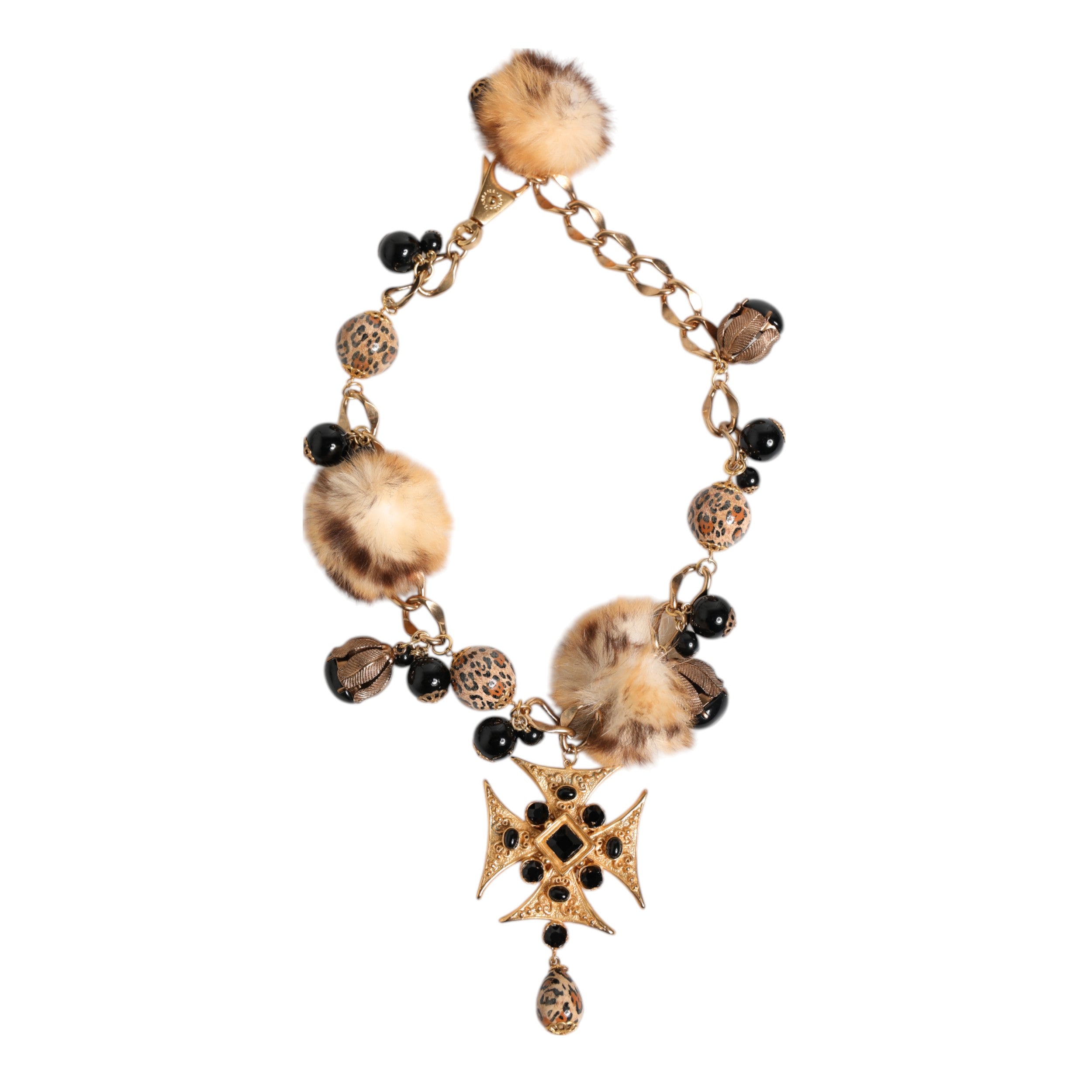 Gold Black Crystals Lapin Fur Filigree Choker Necklace - ventzia