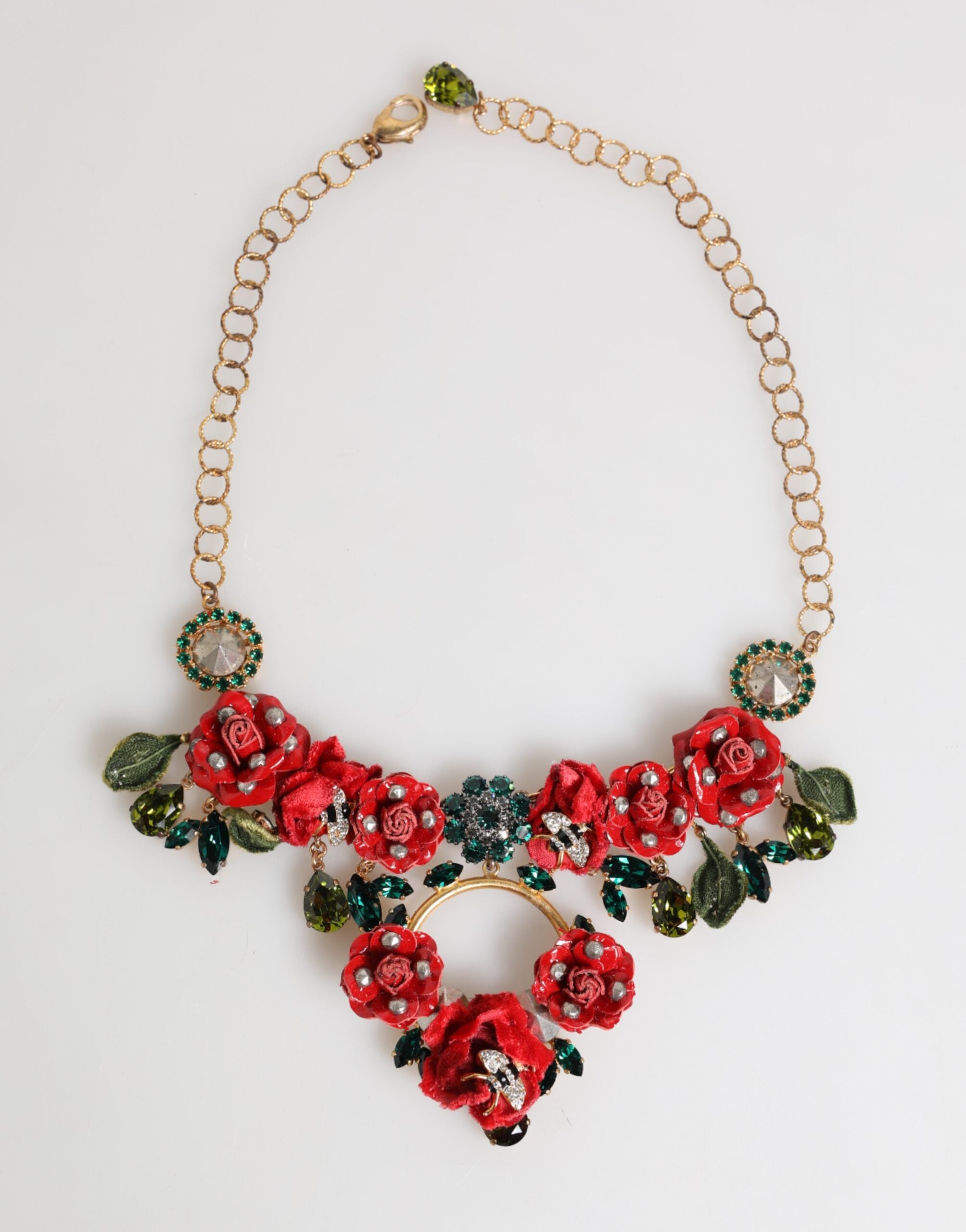 Red Rose Floral Crystal Embellished Statement Jewelry Necklace - ventzia