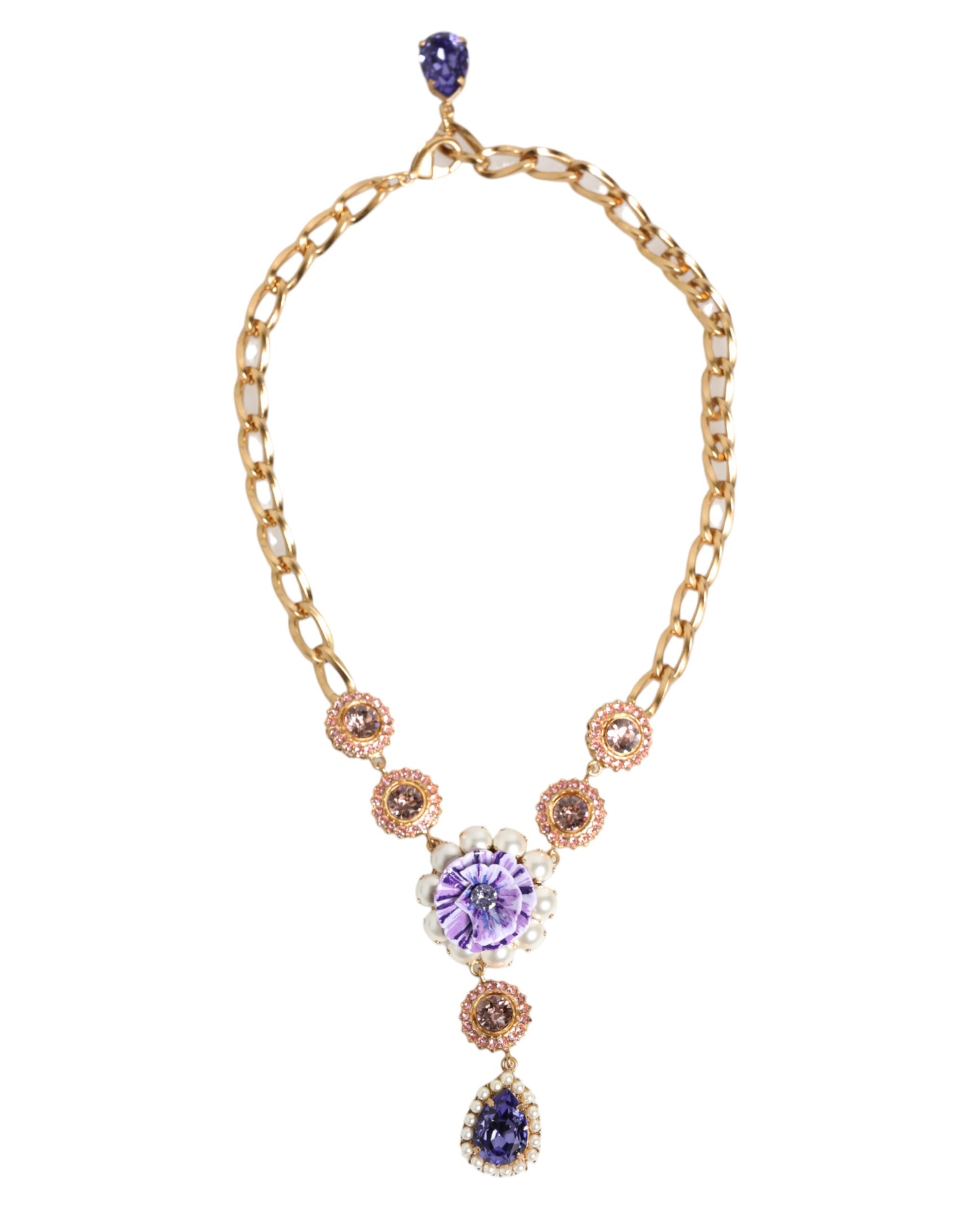Gold Brass Crystal Pearl Purple Floral Pendant Jewelry Necklace - ventzia