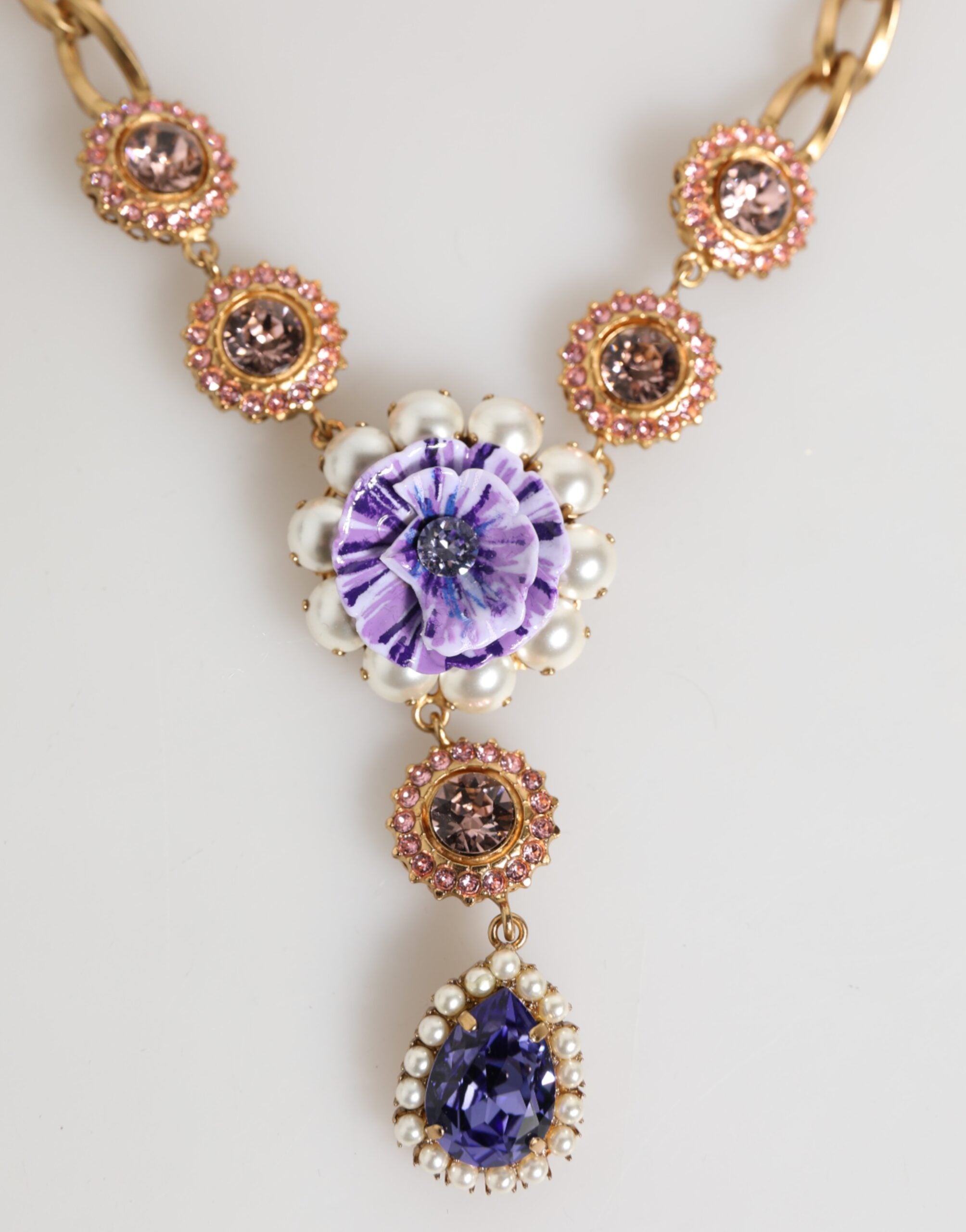 Gold Brass Crystal Pearl Purple Floral Pendant Jewelry Necklace - ventzia