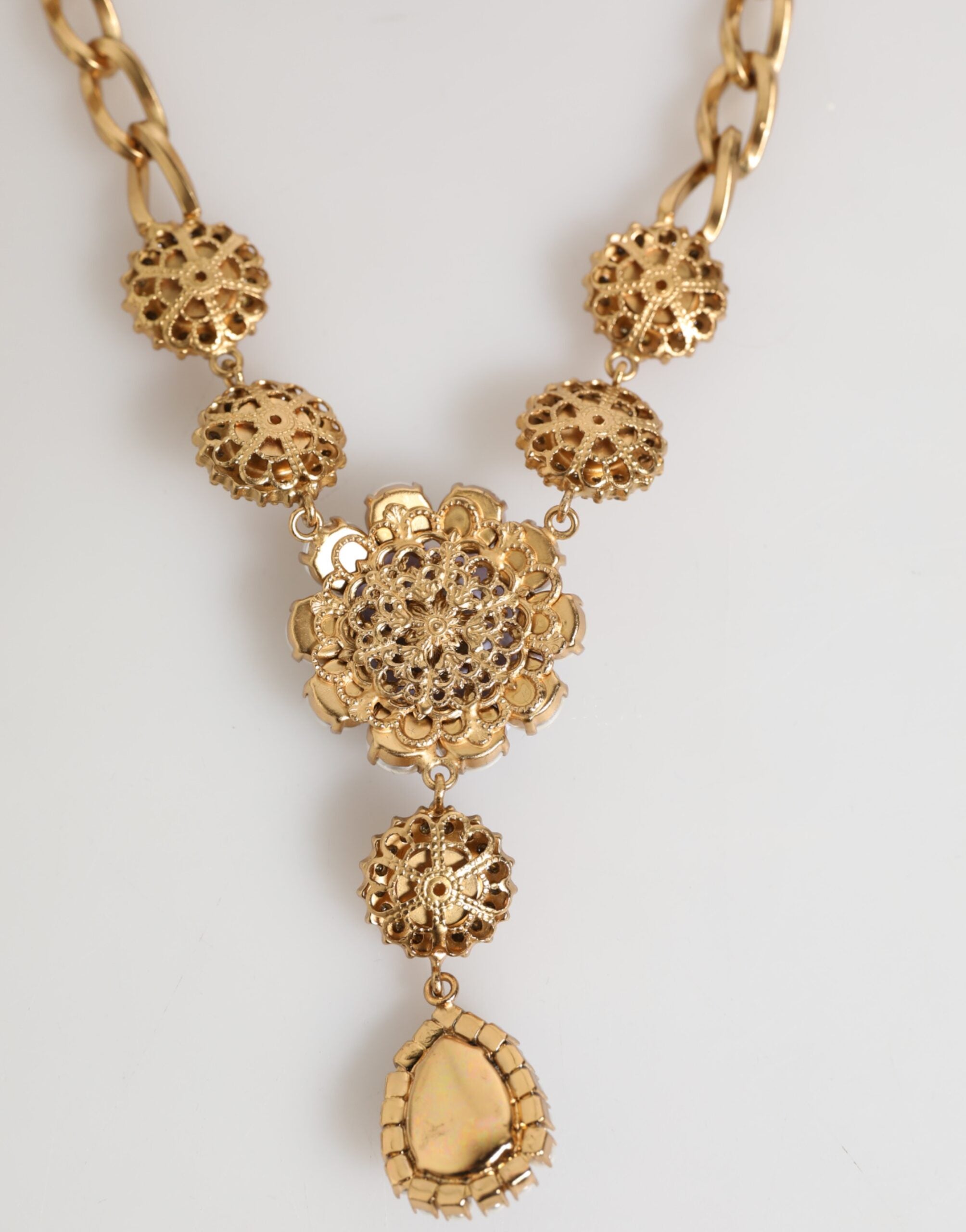 Gold Brass Crystal Pearl Purple Floral Pendant Jewelry Necklace - ventzia