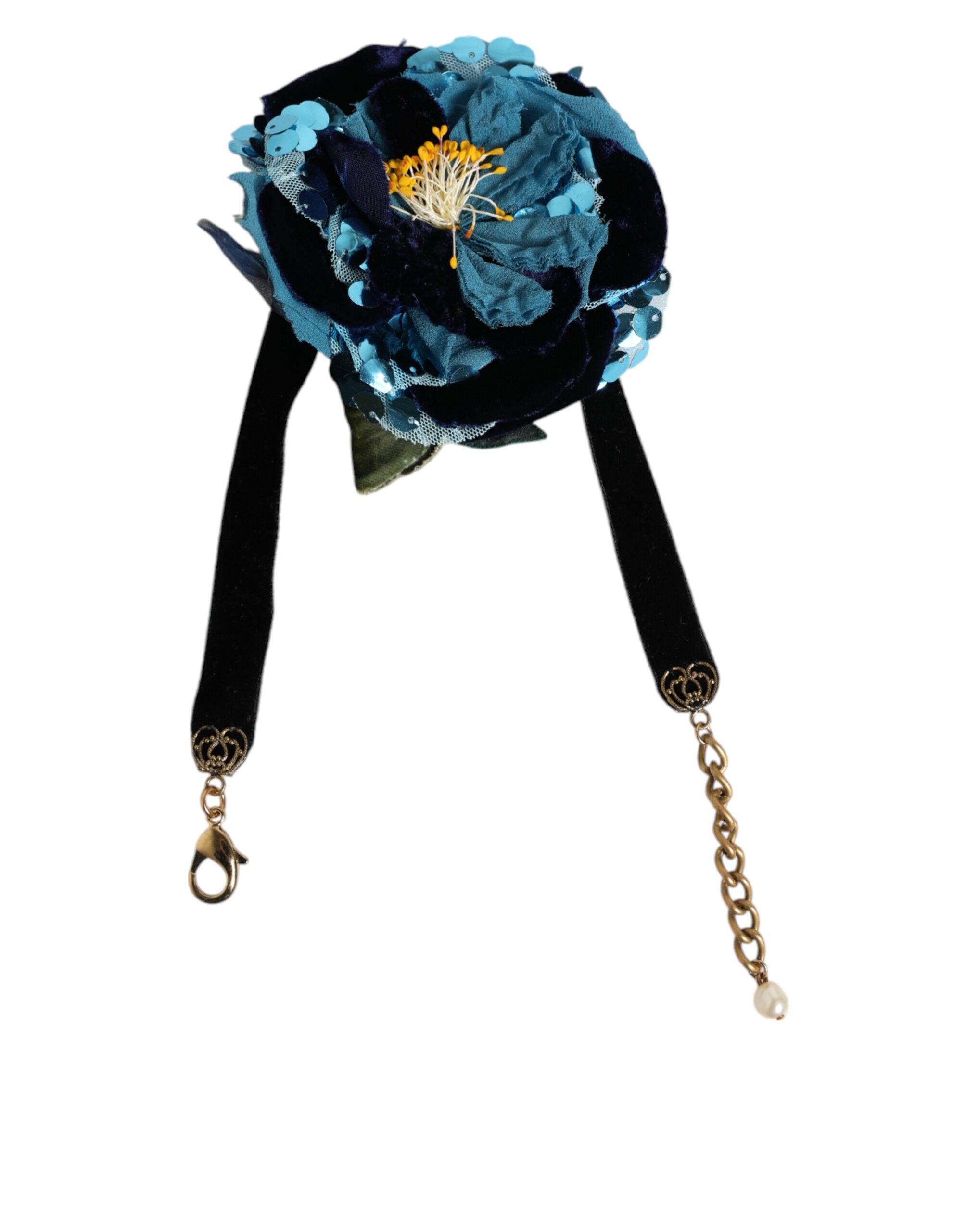 Blue Floral Appliqué Velvet Choker Crystal Beads Necklace - ventzia