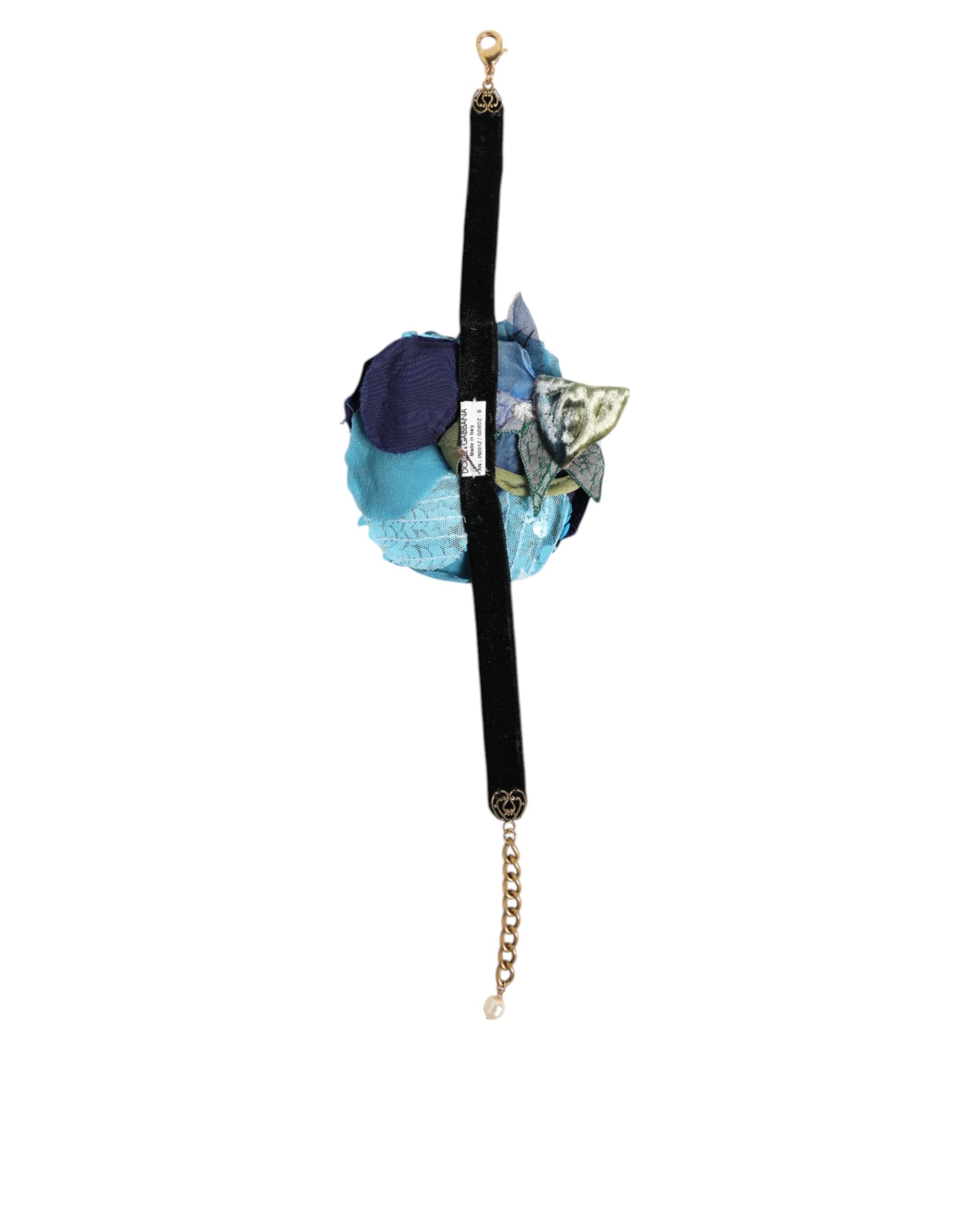 Blue Floral Appliqué Velvet Choker Crystal Beads Necklace - ventzia