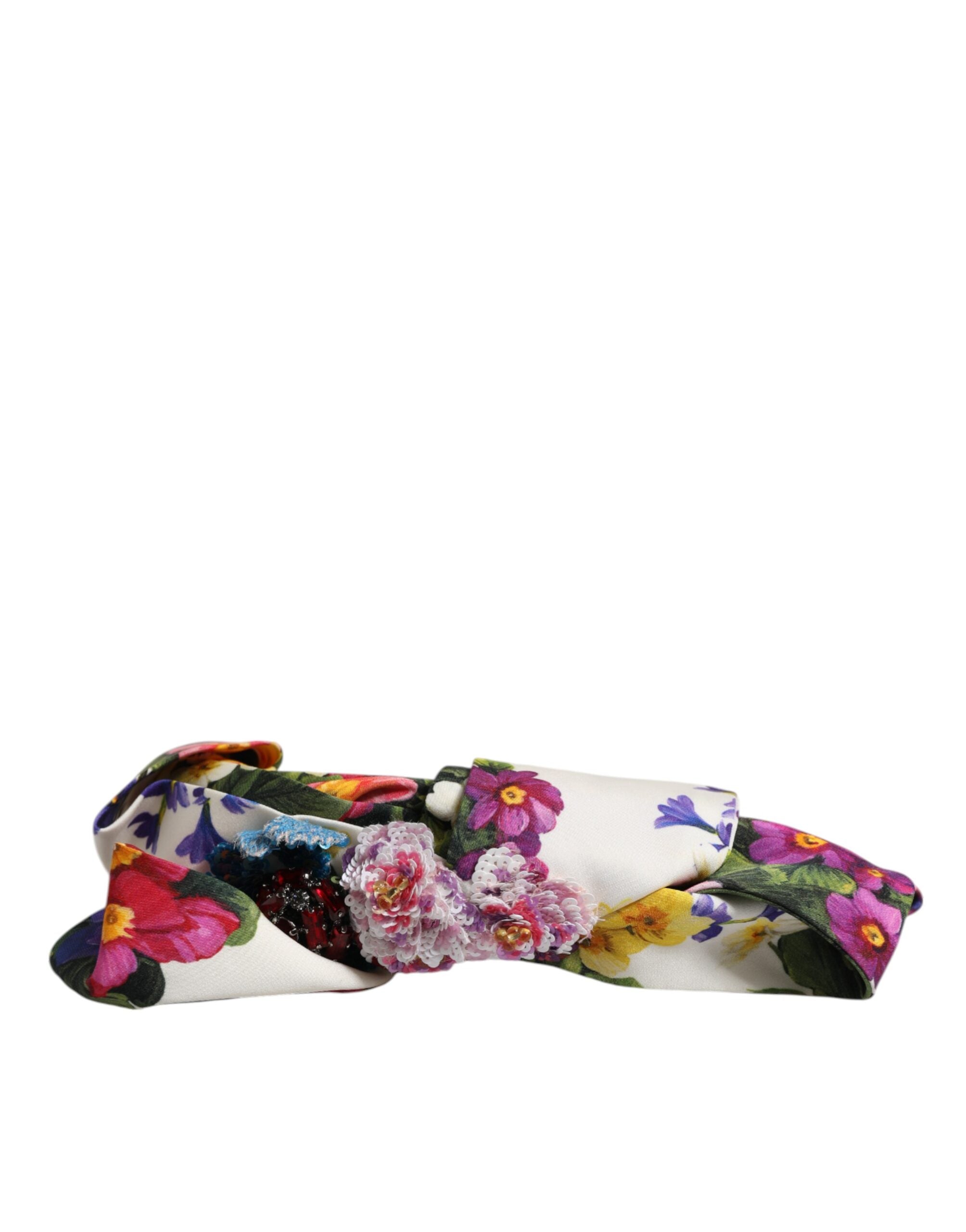 White Multicolor Floral Silk Bow Crystal Embellished Headband - ventzia