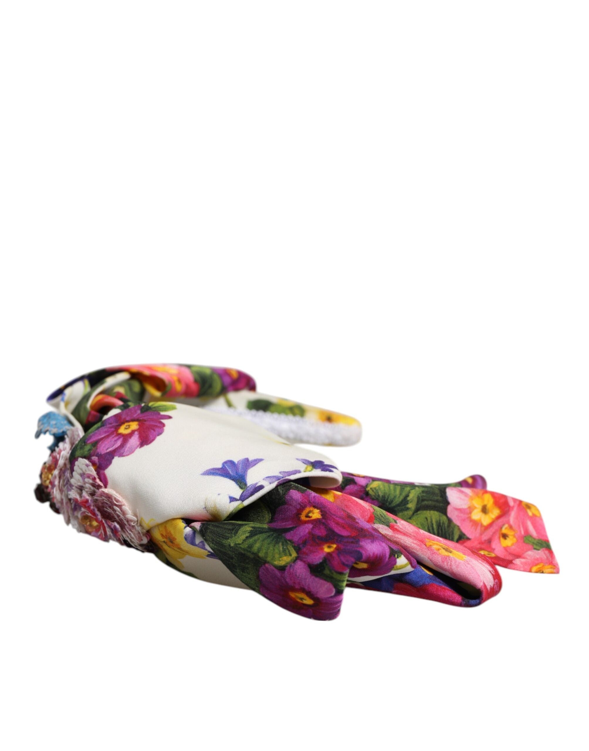 White Multicolor Floral Silk Bow Crystal Embellished Headband - ventzia