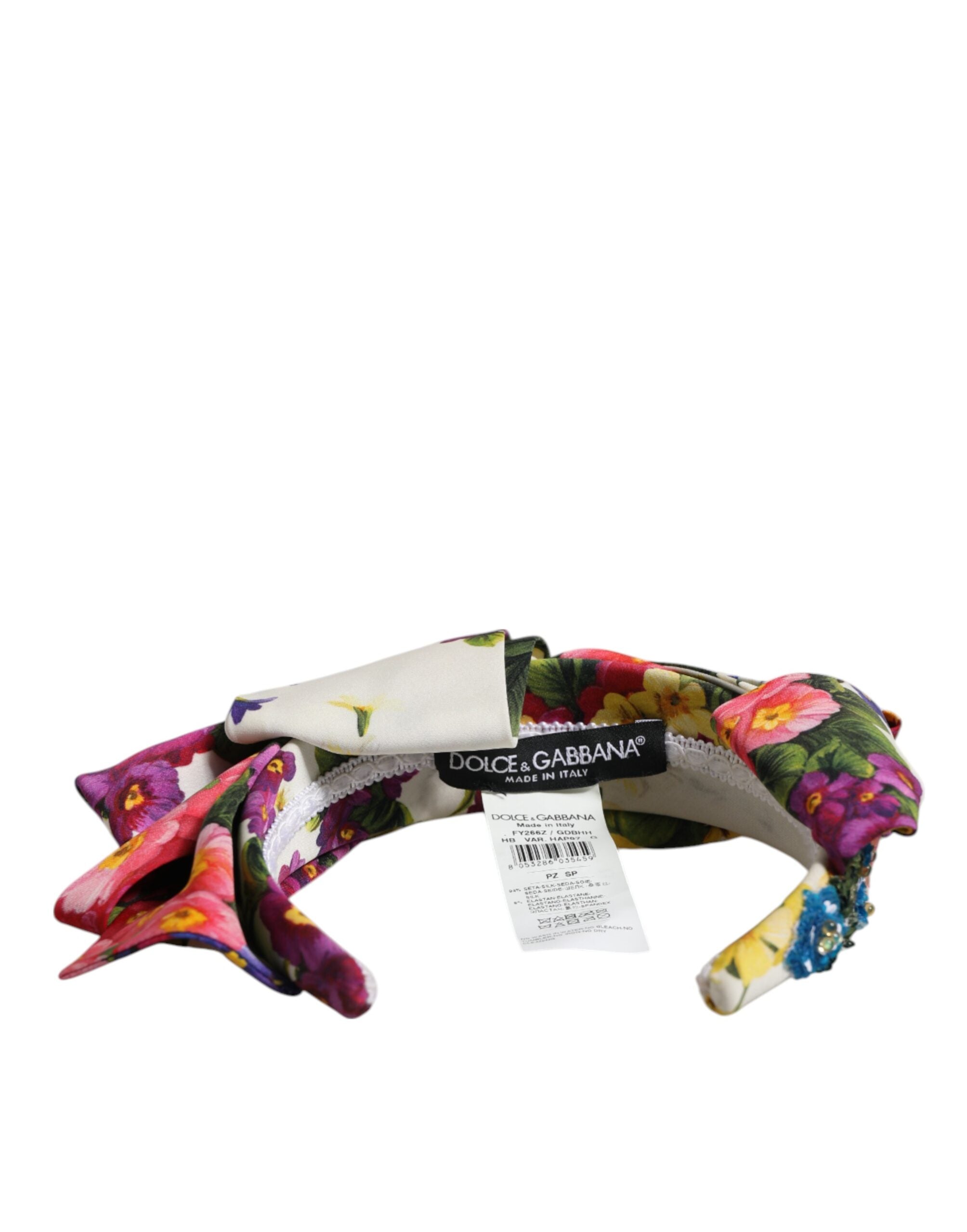White Multicolor Floral Silk Bow Crystal Embellished Headband - ventzia