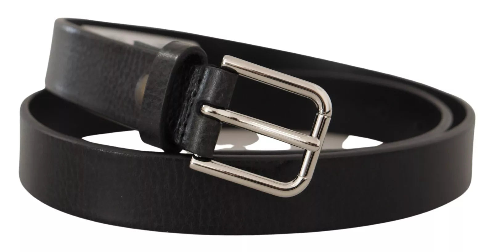 Calf Leather Silver Tone Black Metal Buckle Belt - ventzia