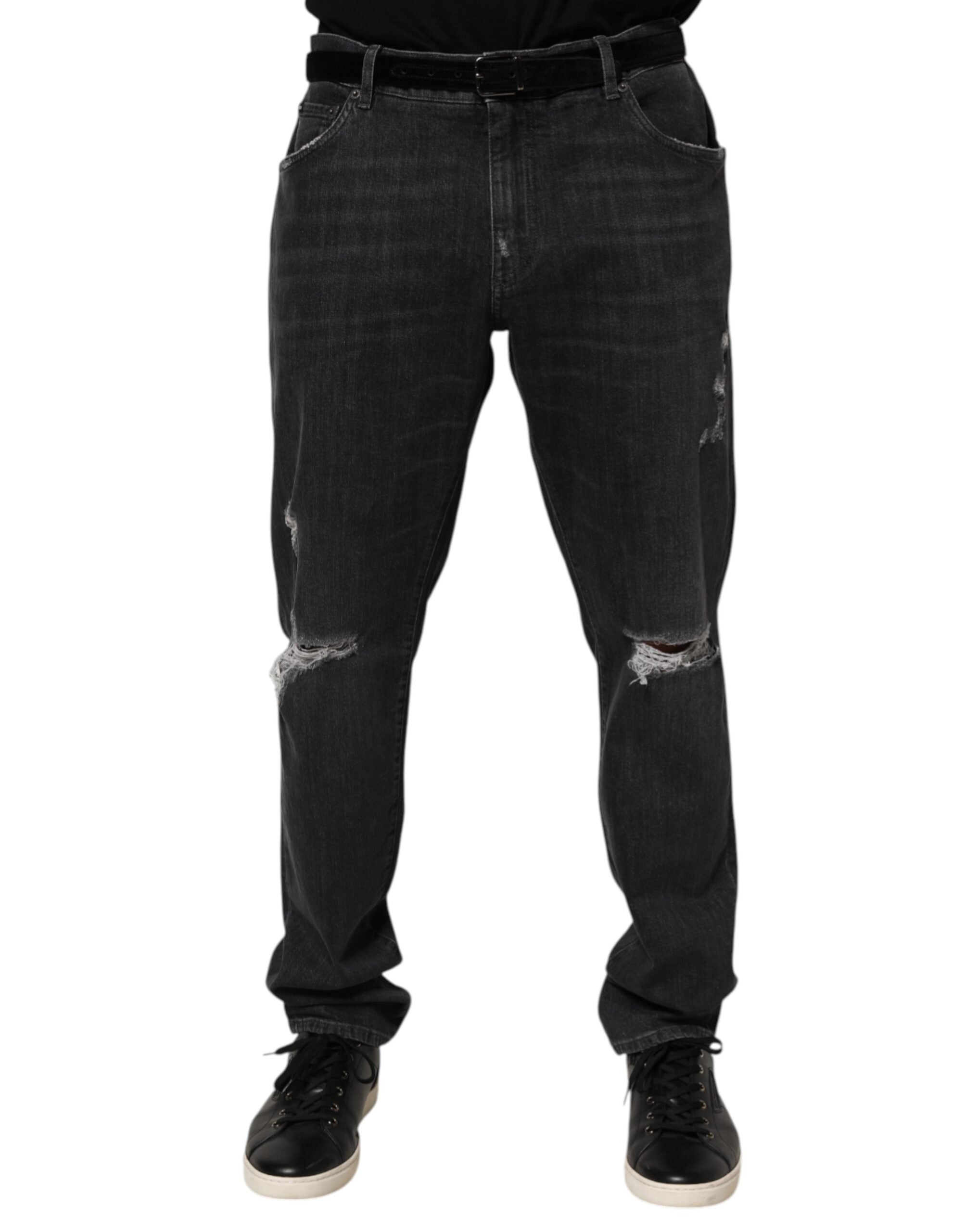 Black Cotton Slim Fit Distressed Ripped Logo Jeans - ventzia