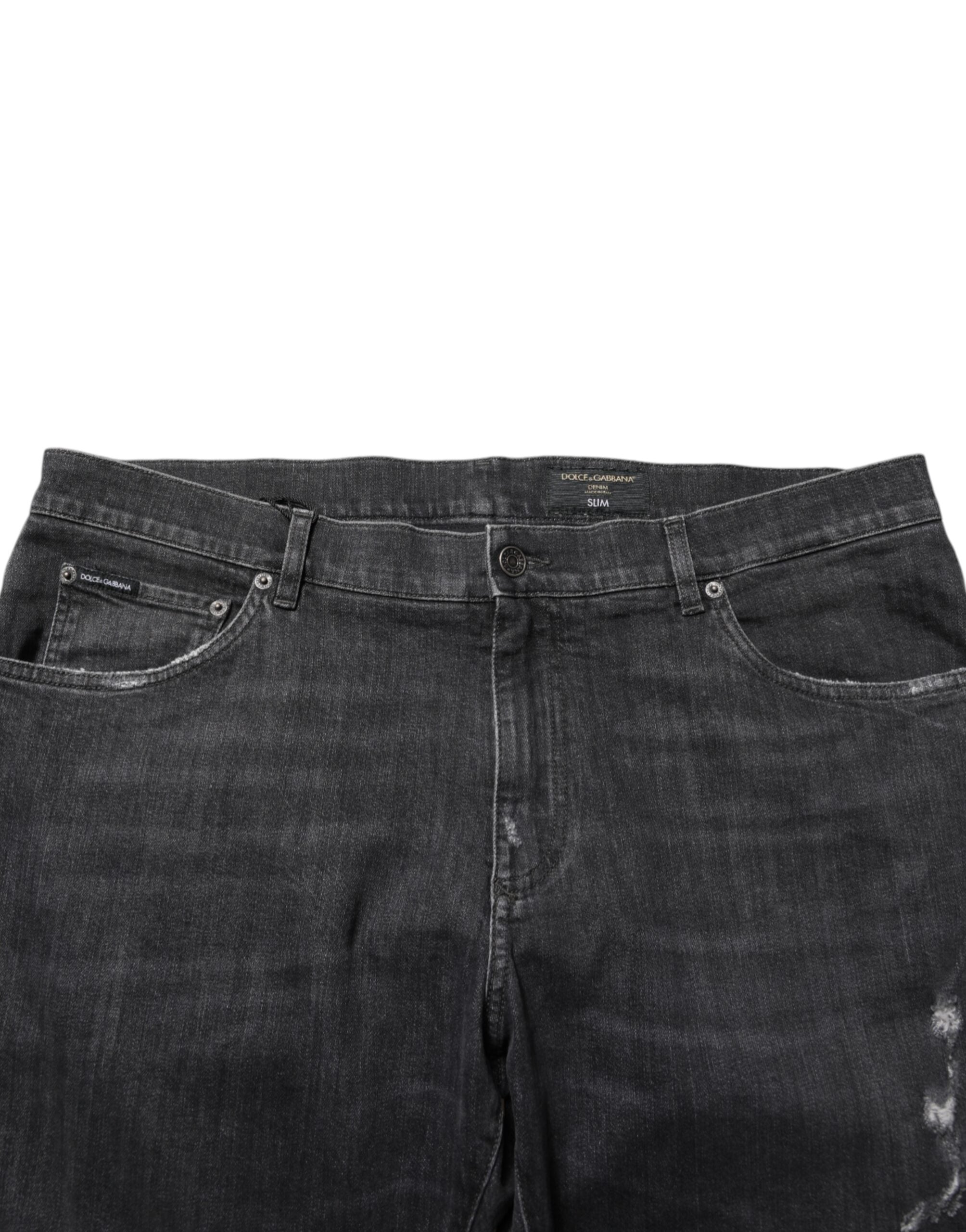 Black Cotton Slim Fit Distressed Ripped Logo Jeans - ventzia