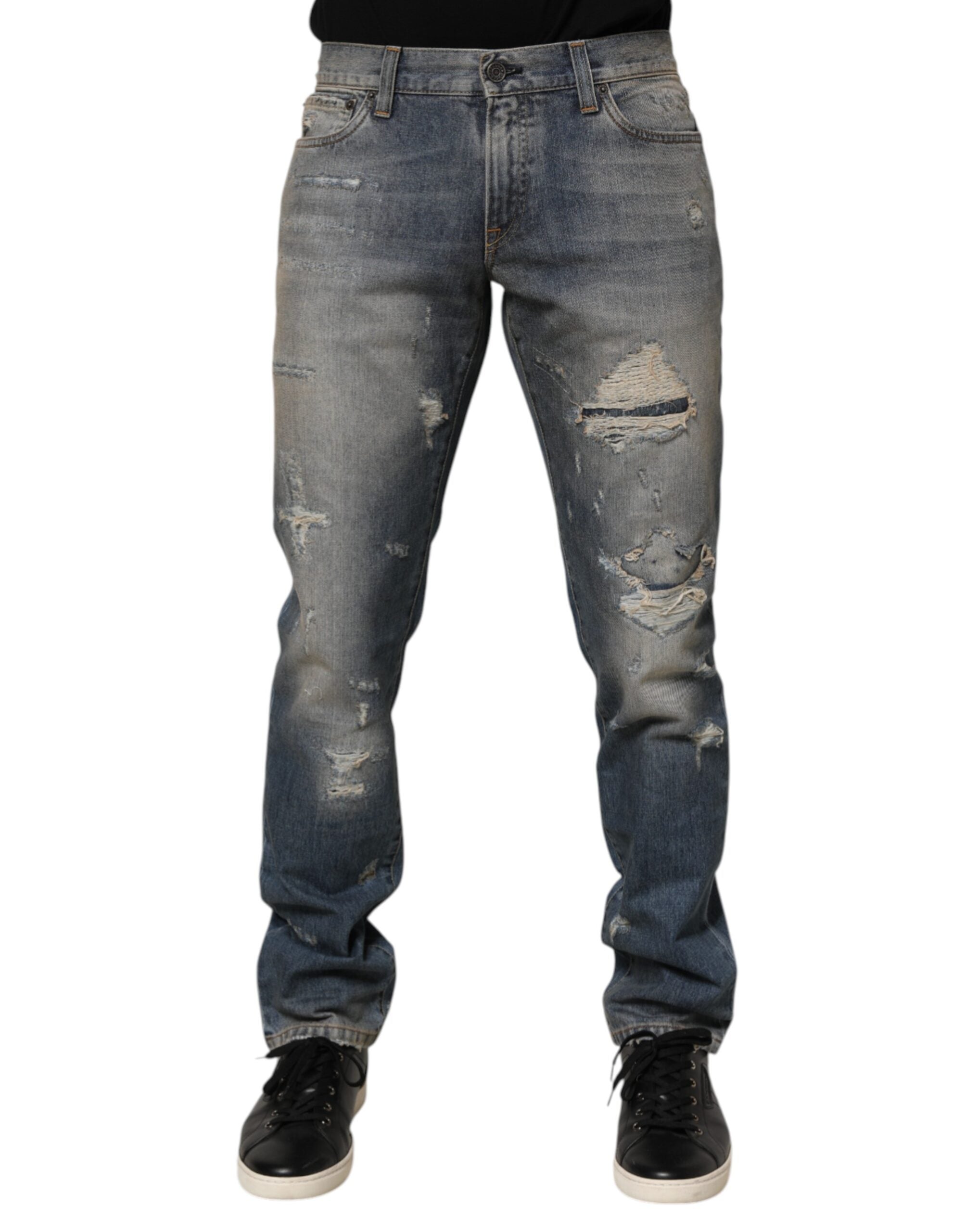 Blue Distressed Denim Slim Fit Pants Jeans - ventzia