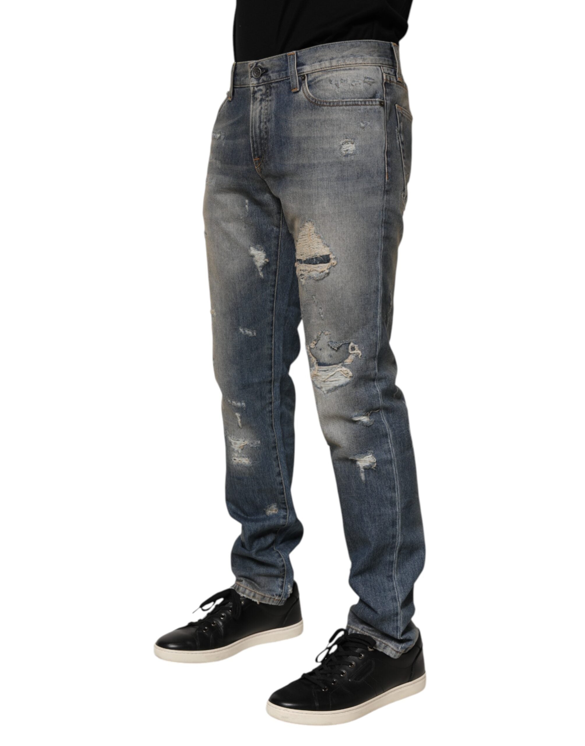 Blue Distressed Denim Slim Fit Pants Jeans - ventzia