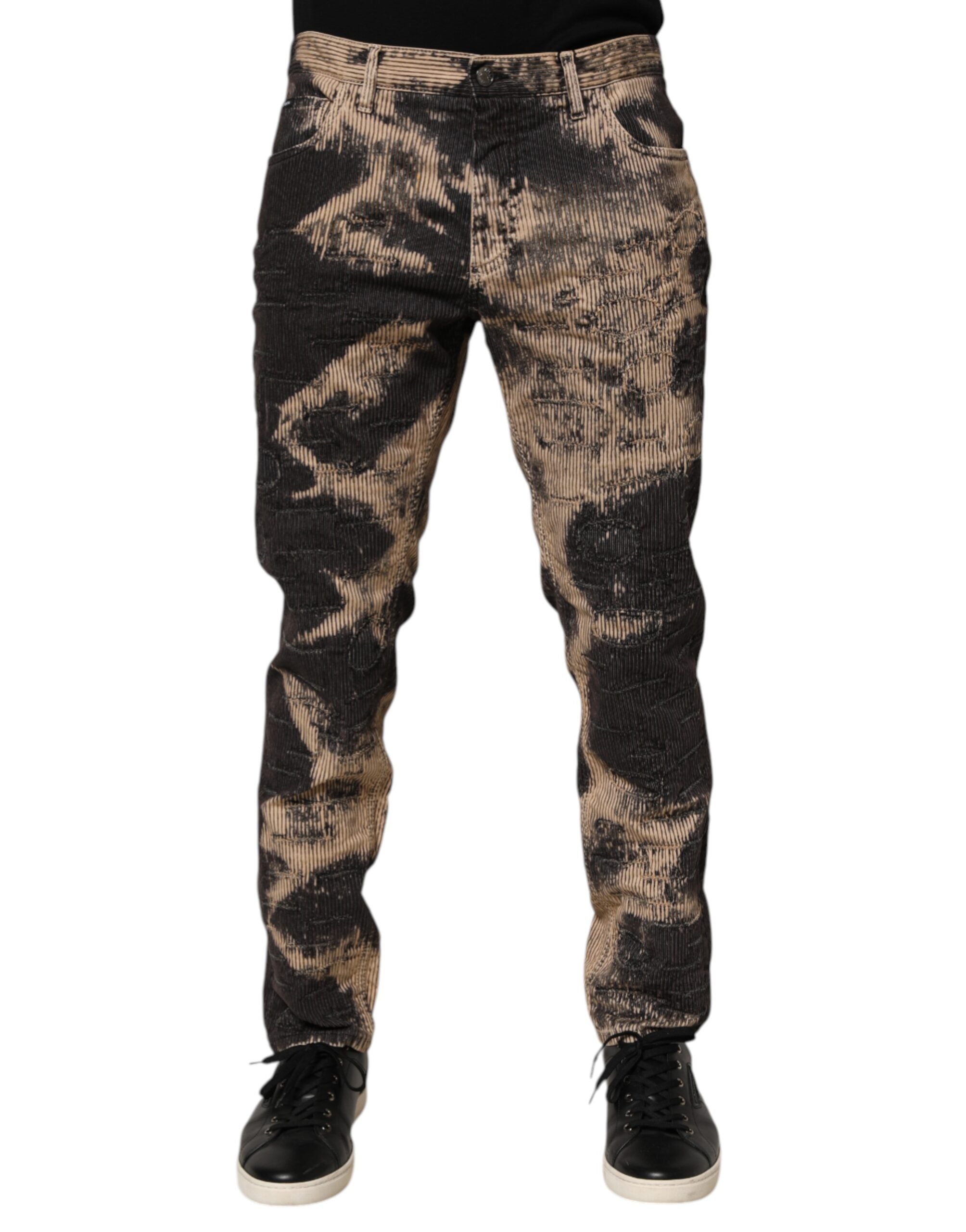 Beige Black Corduroy Tie-Dye Cotton Blend Pants - ventzia