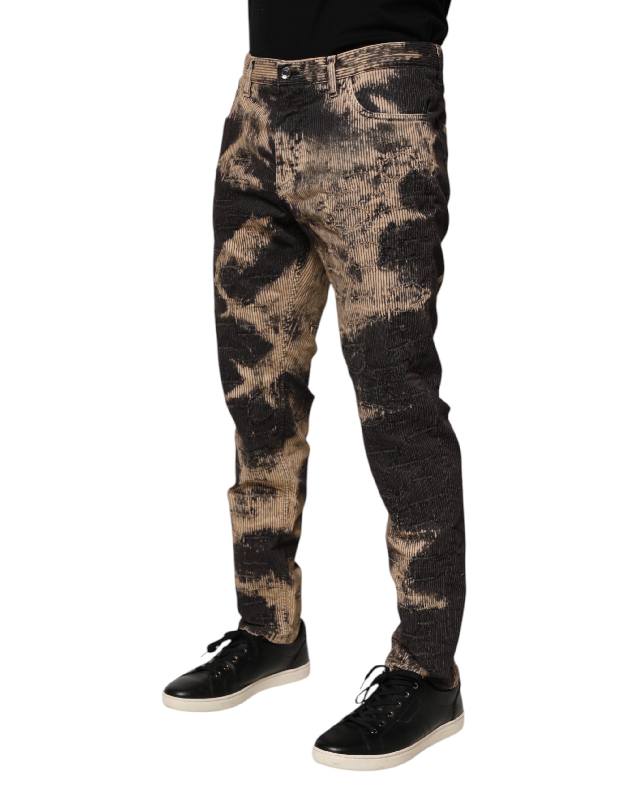 Beige Black Corduroy Tie-Dye Cotton Blend Pants - ventzia