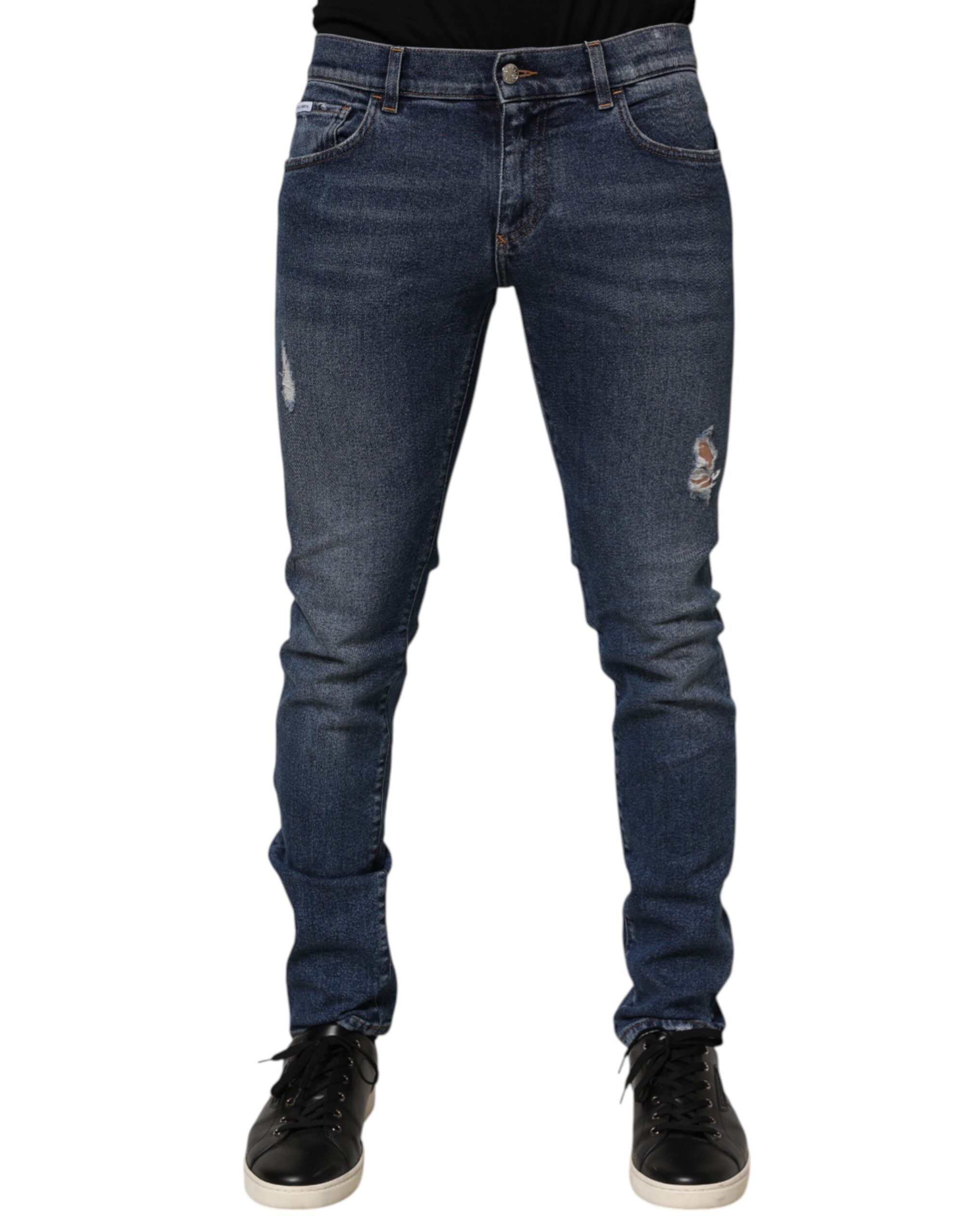 Blue Cotton Logo Plaque Skinny Men Denim Jeans - ventzia
