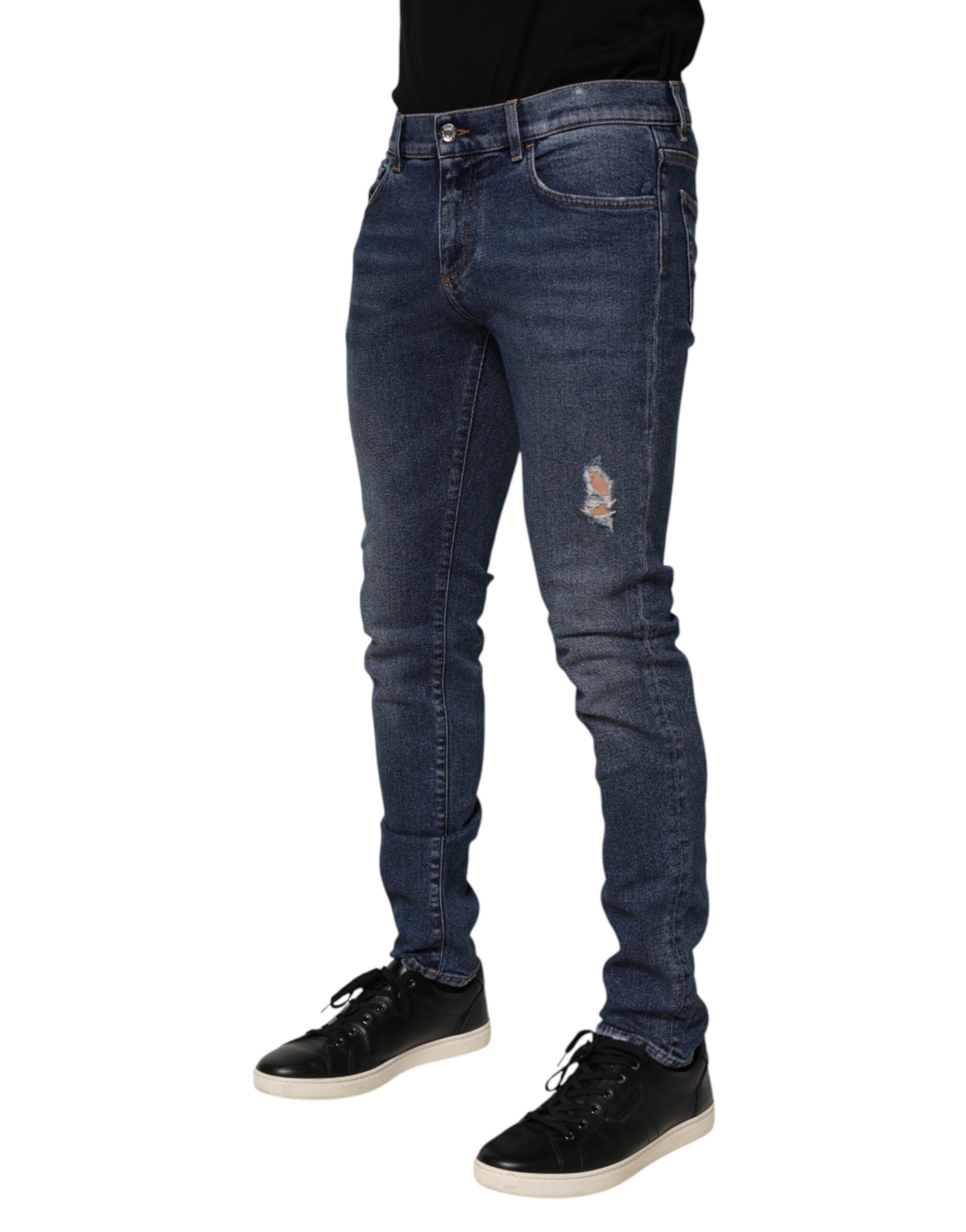 Blue Cotton Logo Plaque Skinny Men Denim Jeans - ventzia