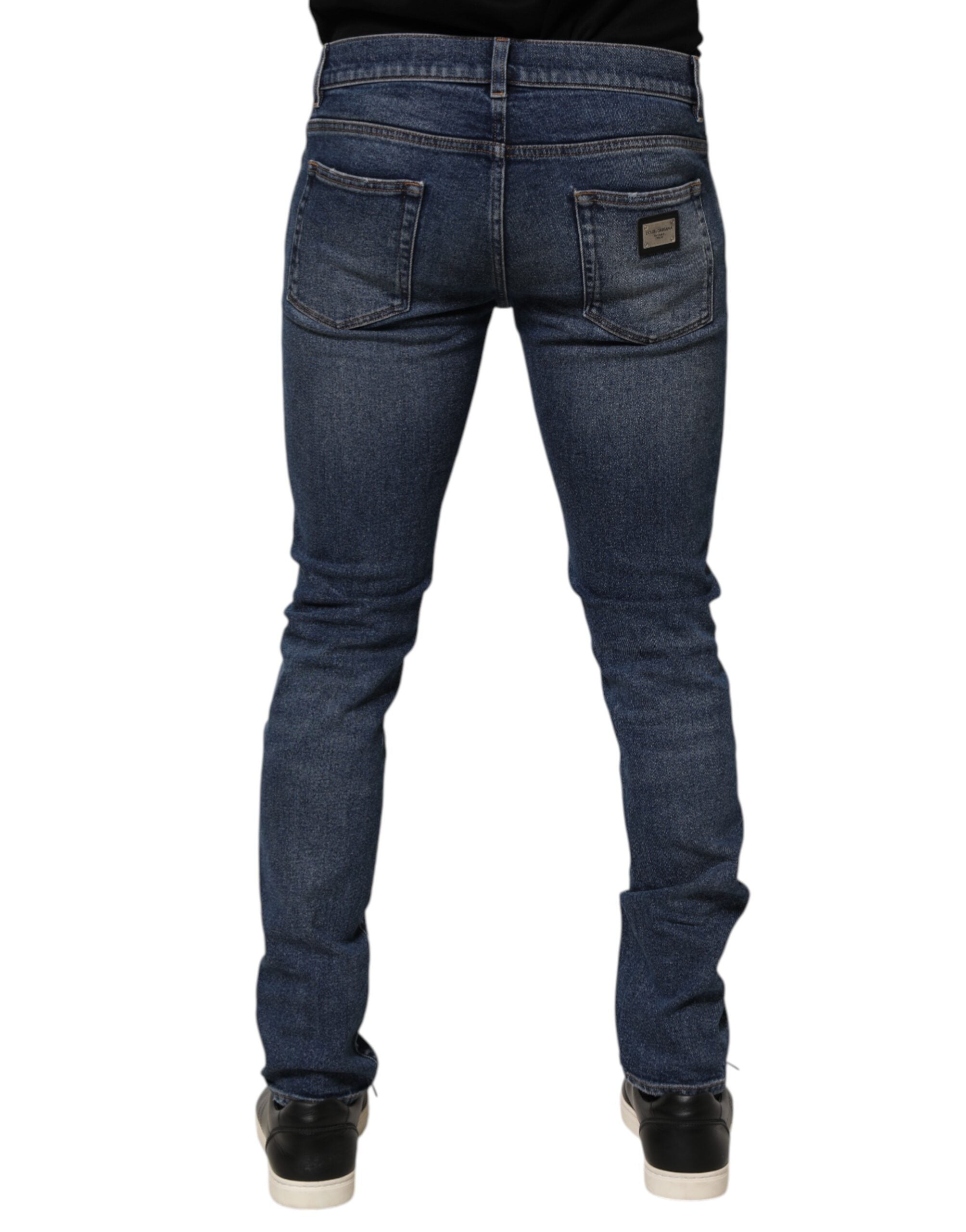 Blue Cotton Logo Plaque Skinny Men Denim Jeans - ventzia