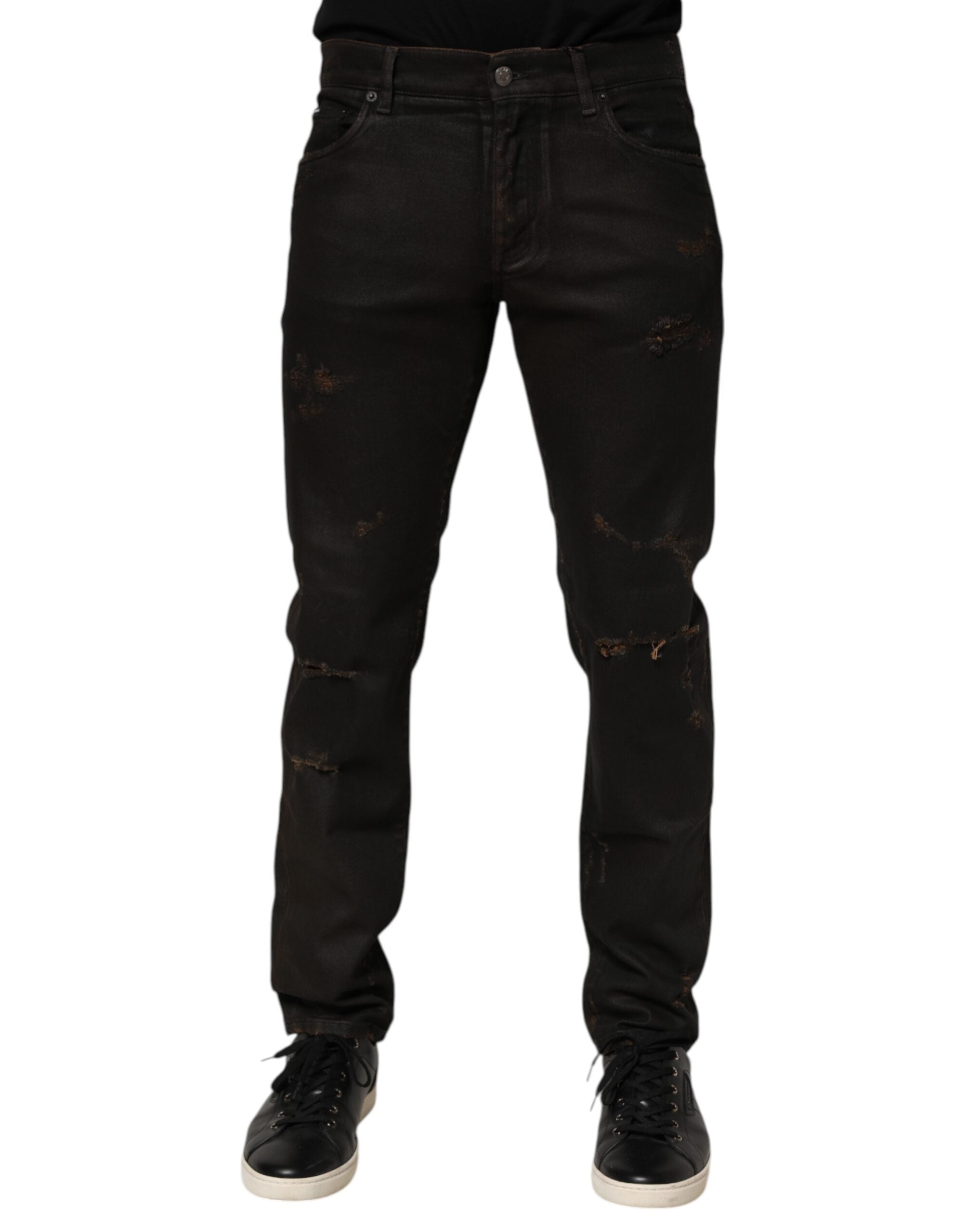 Dark Brown Tattered Cotton Skinny Denim Jeans - ventzia