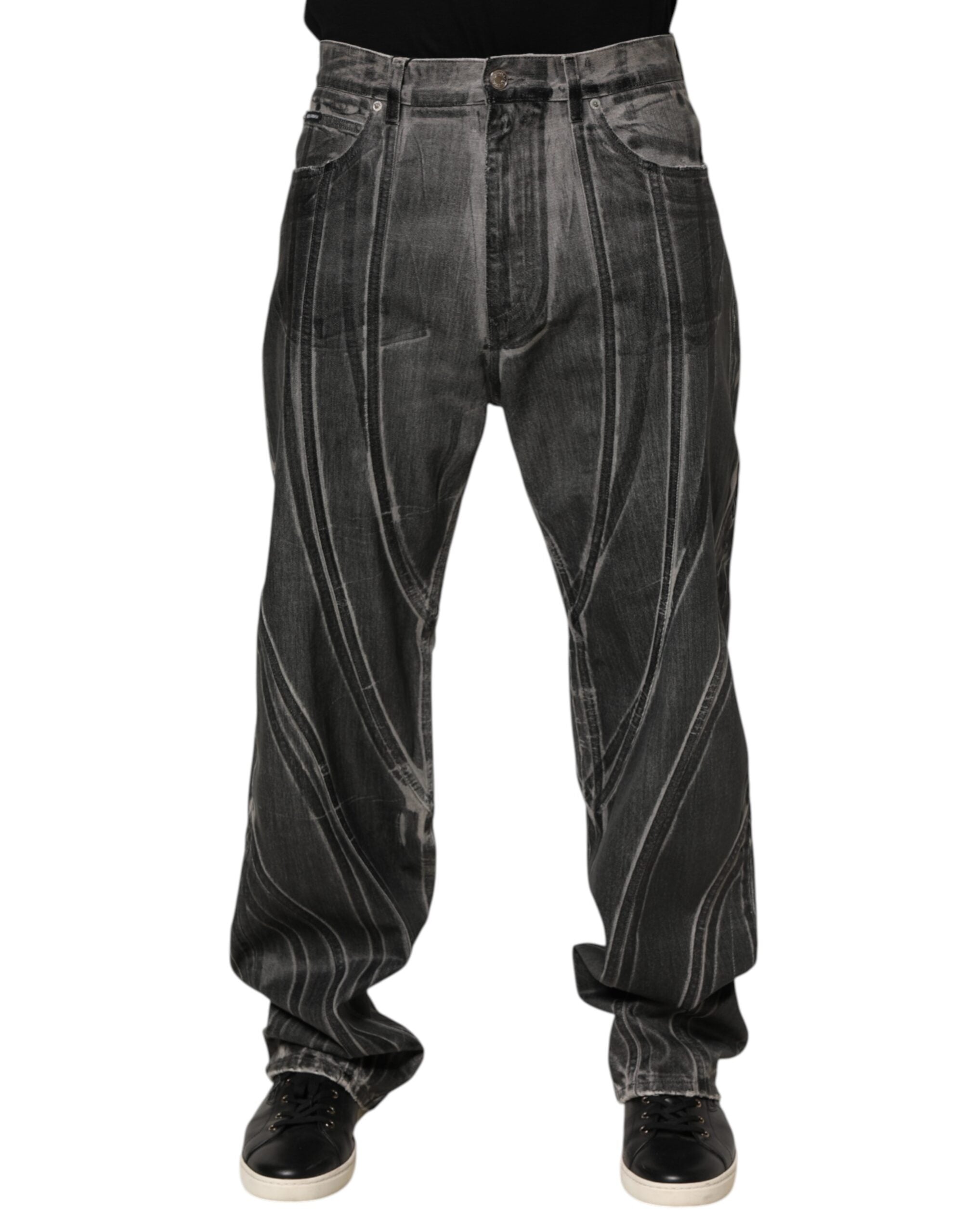 Black Grey Graphic Print Denim Pants Jeans - ventzia