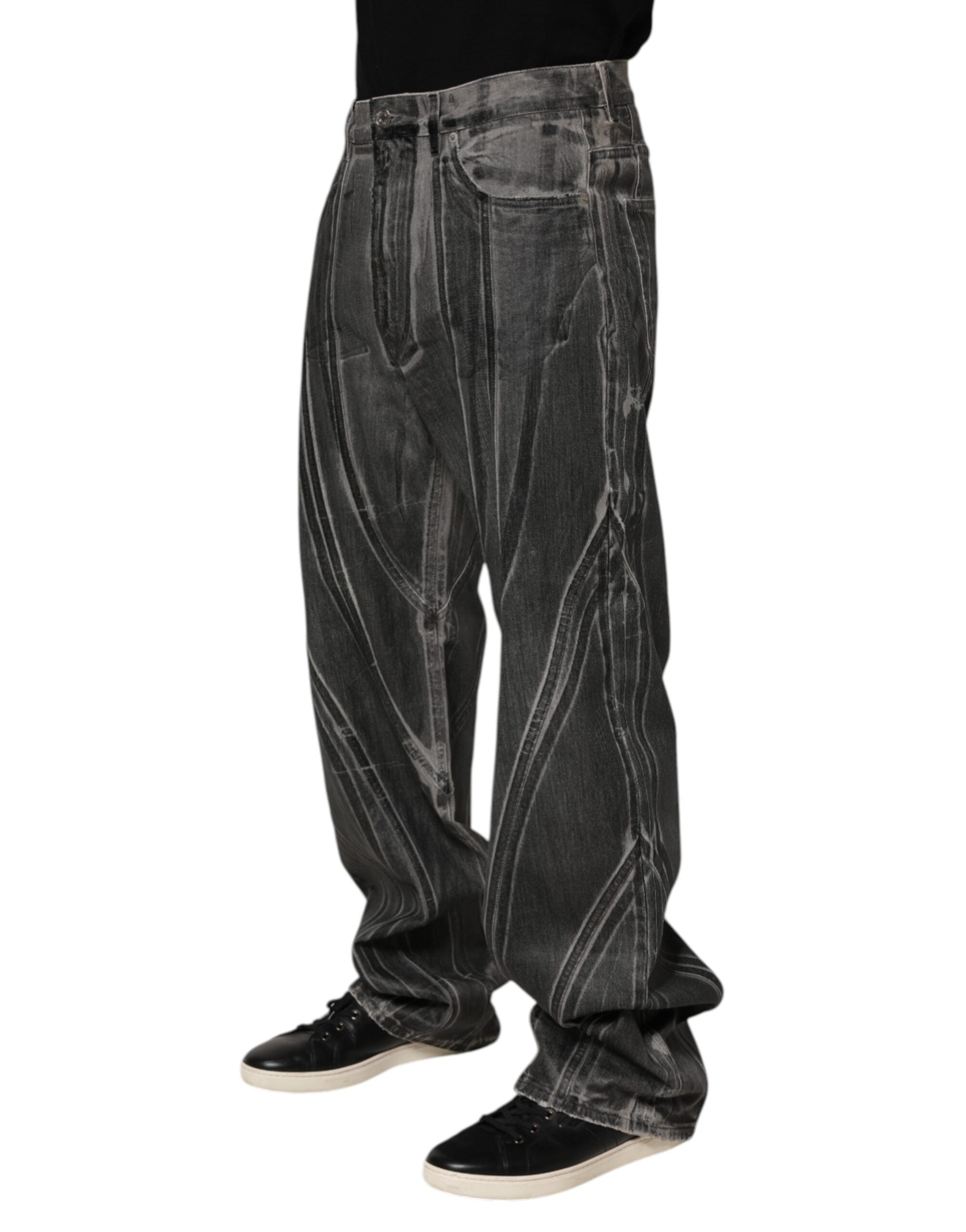 Black Grey Graphic Print Denim Pants Jeans - ventzia