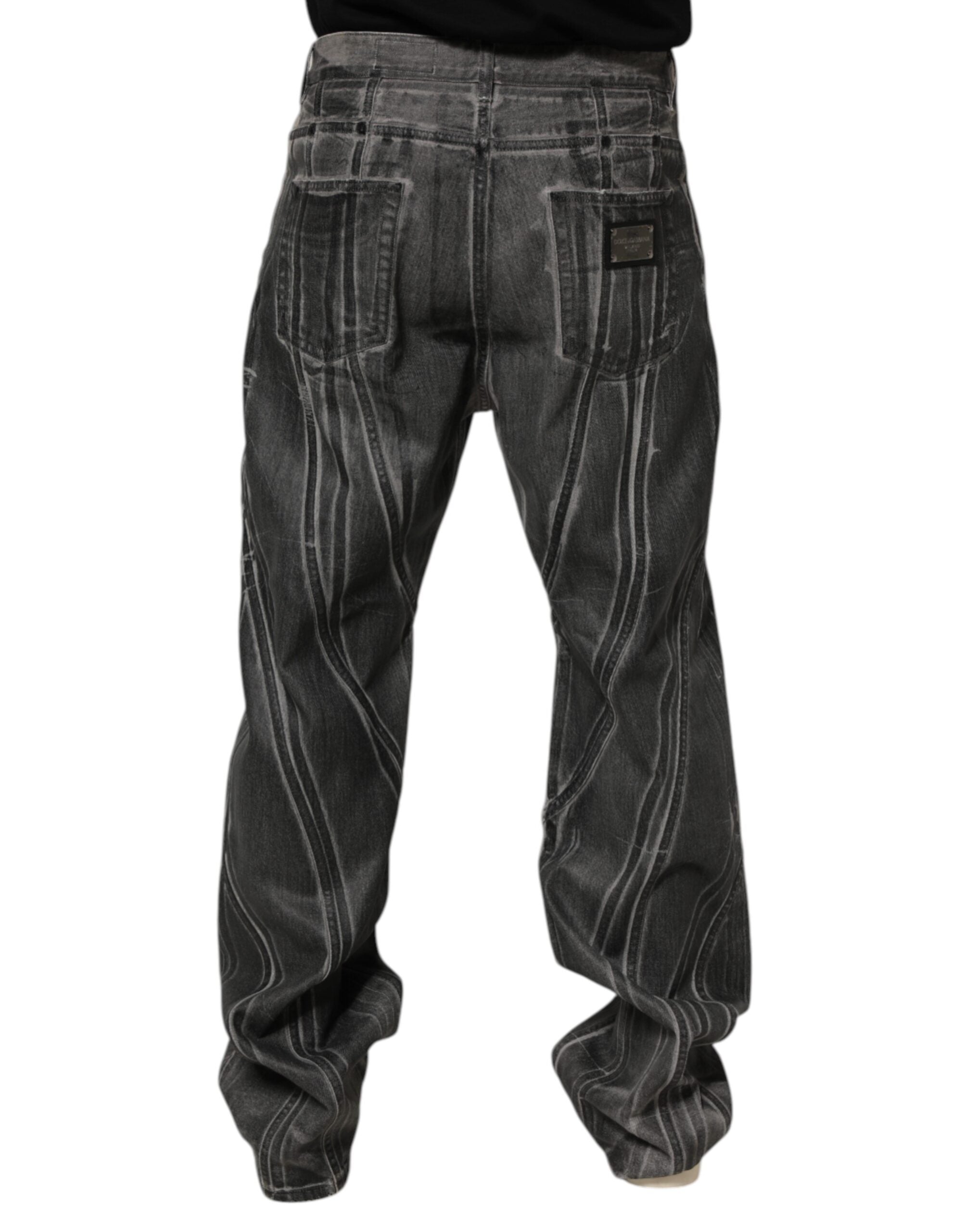 Black Grey Graphic Print Denim Pants Jeans - ventzia