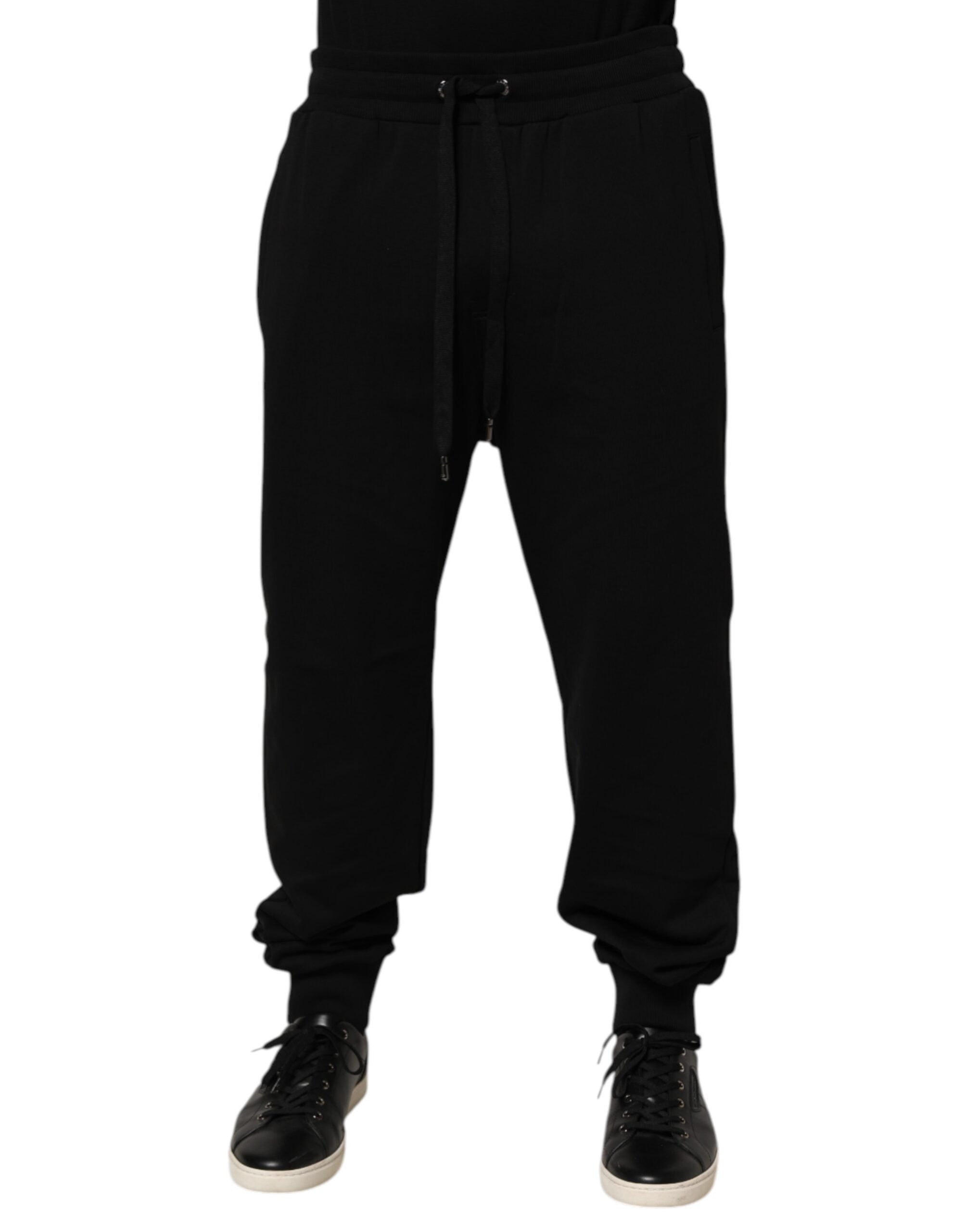 Black Cotton Drawstring Logo Sweatpants Pants - ventzia