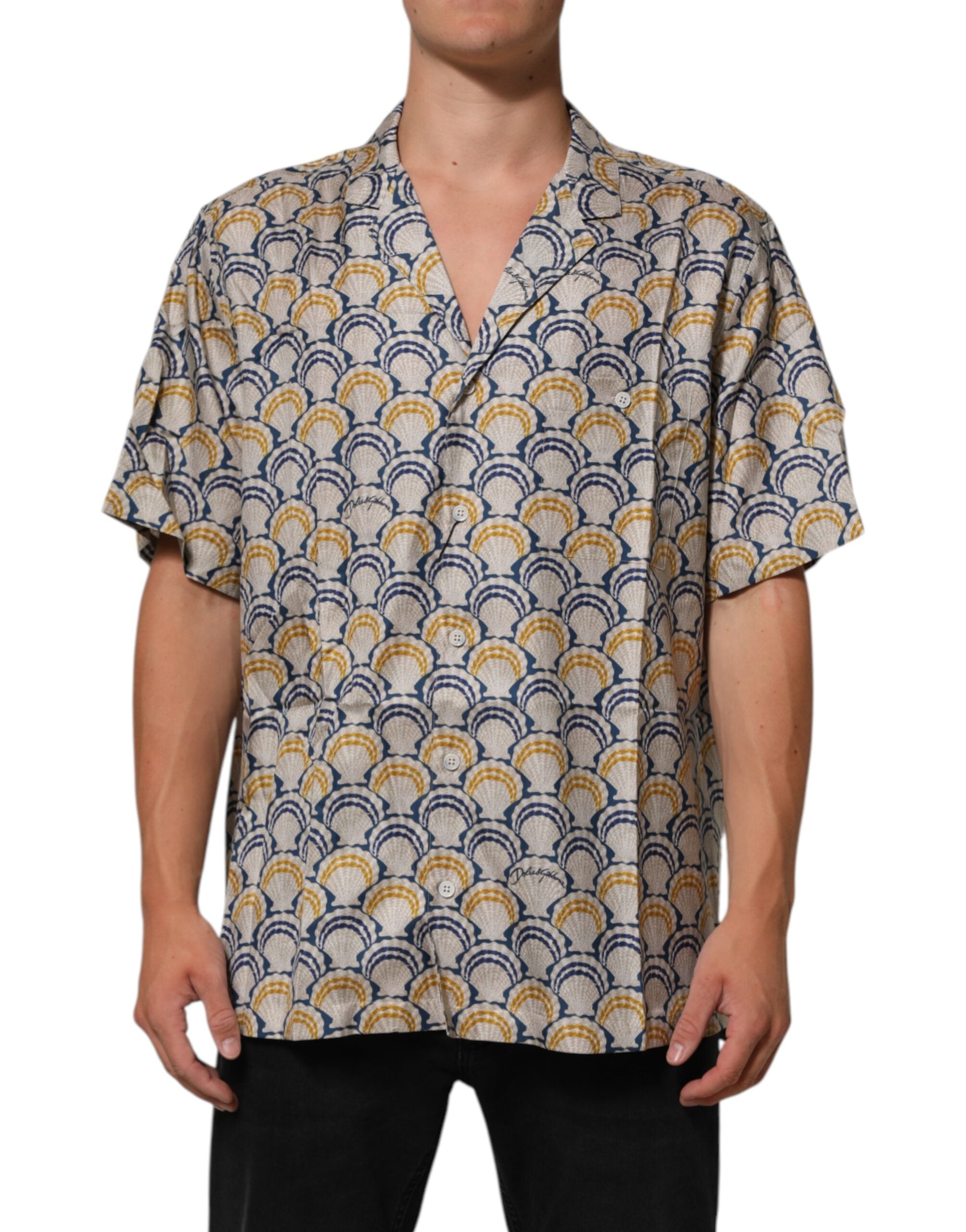 Cream Cotton Silk Hawaii Scallop Shell Print Shirt - ventzia