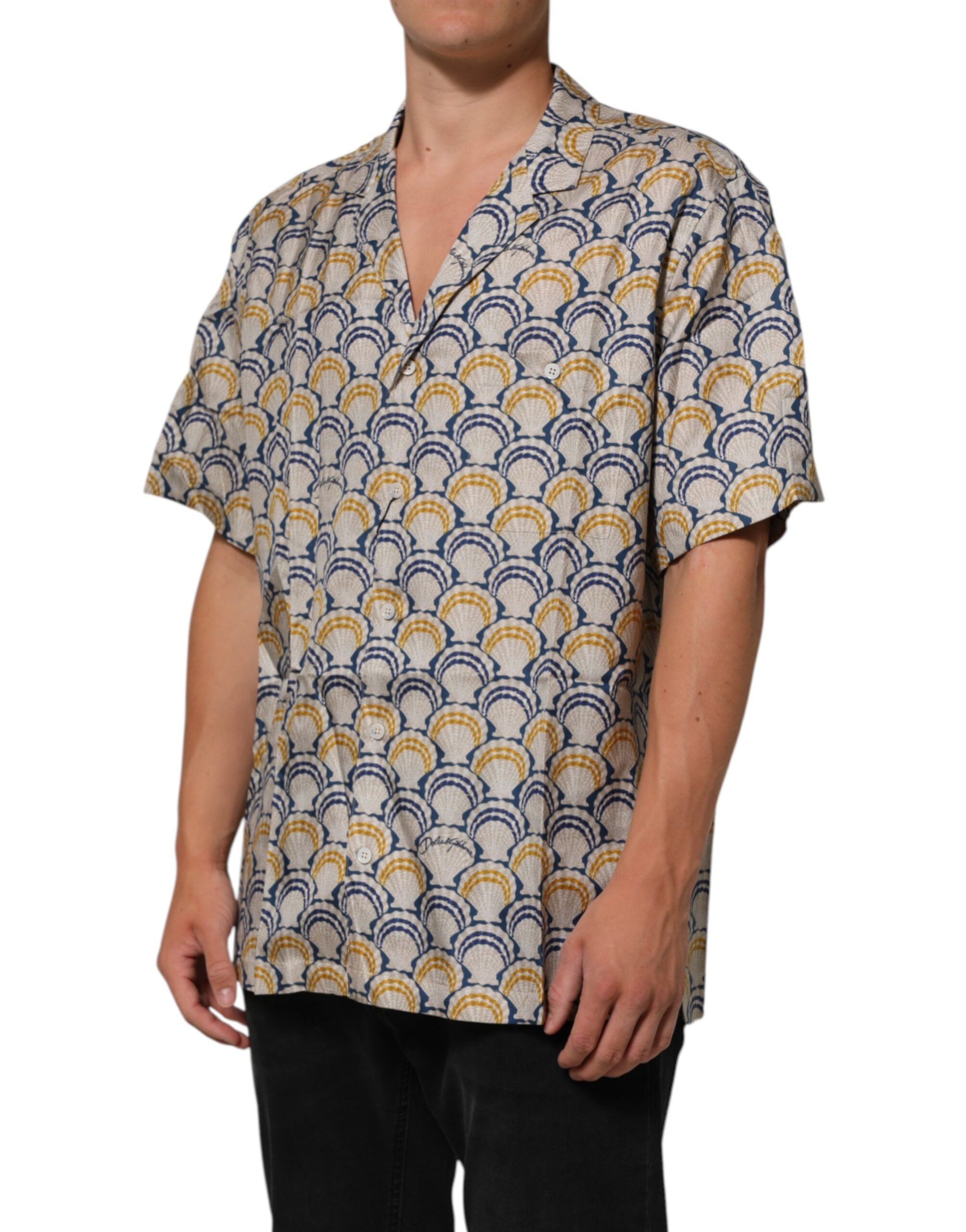Cream Cotton Silk Hawaii Scallop Shell Print Shirt - ventzia