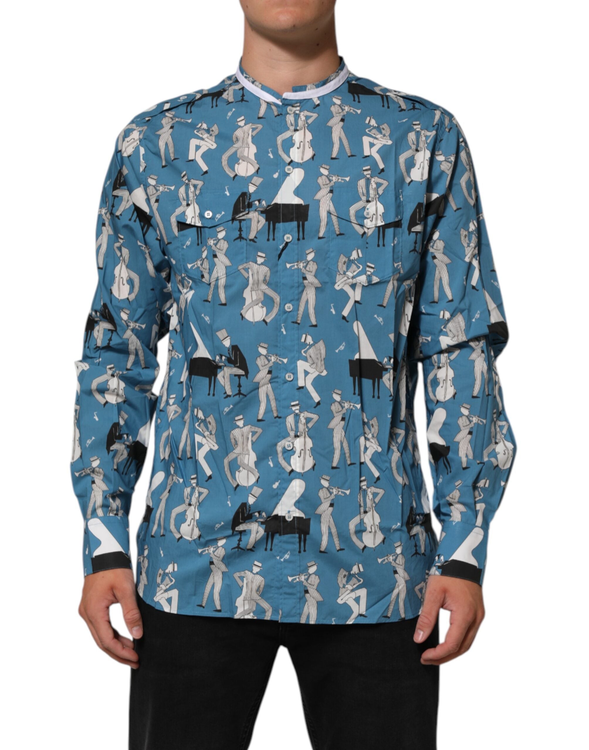 Blue Jazz Printed Cotton Button Front Shirt - ventzia