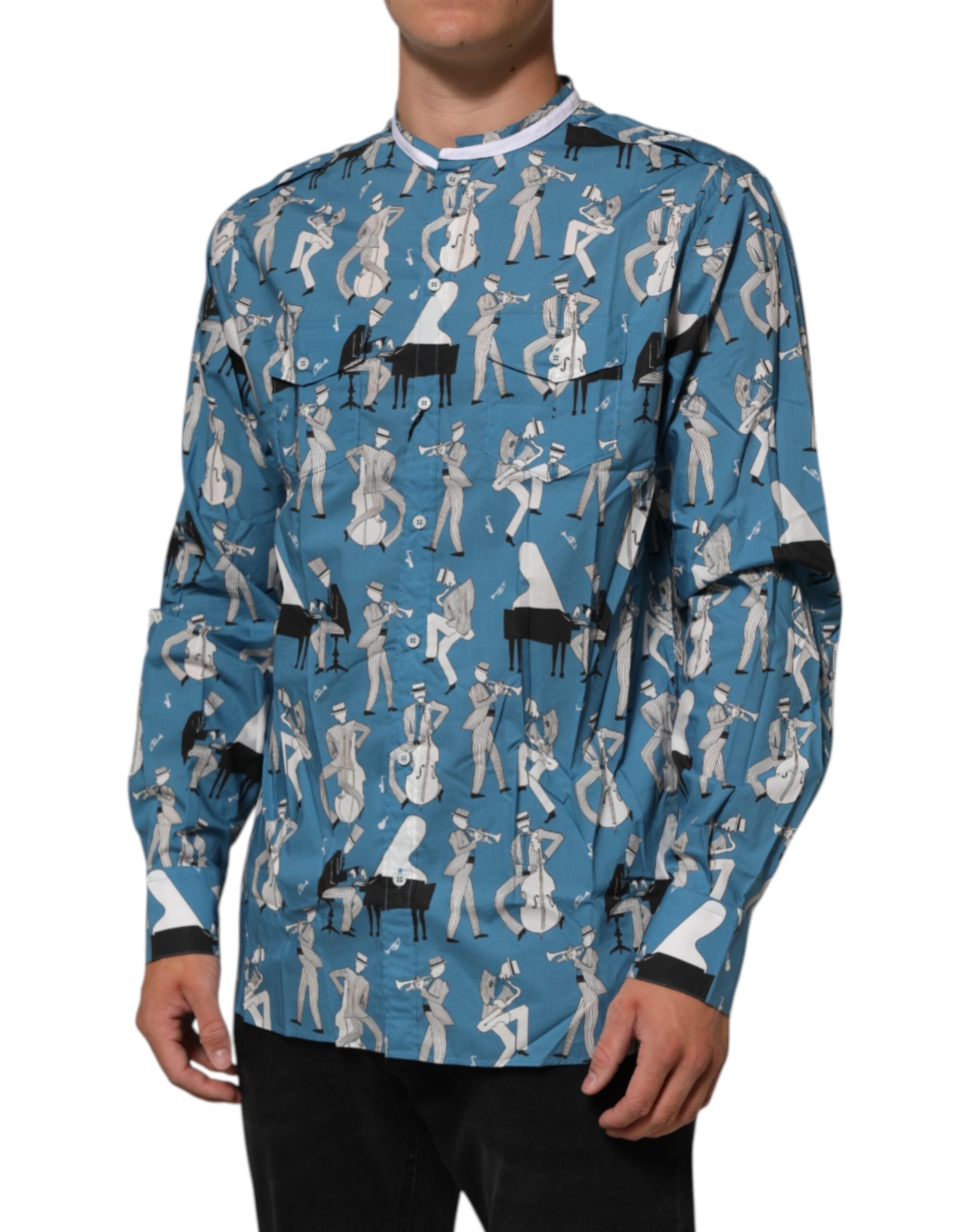 Blue Jazz Printed Cotton Button Front Shirt - ventzia