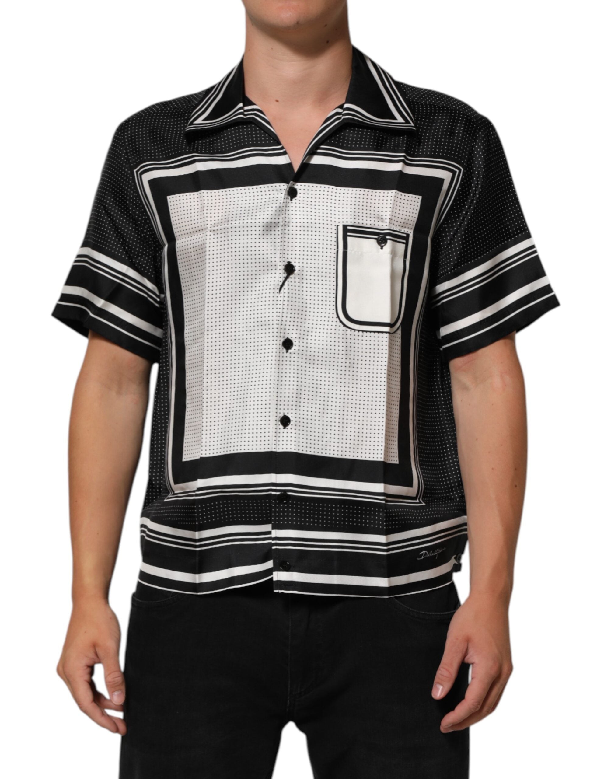 Black White StripeDot Print Casual Polo Shirt - ventzia