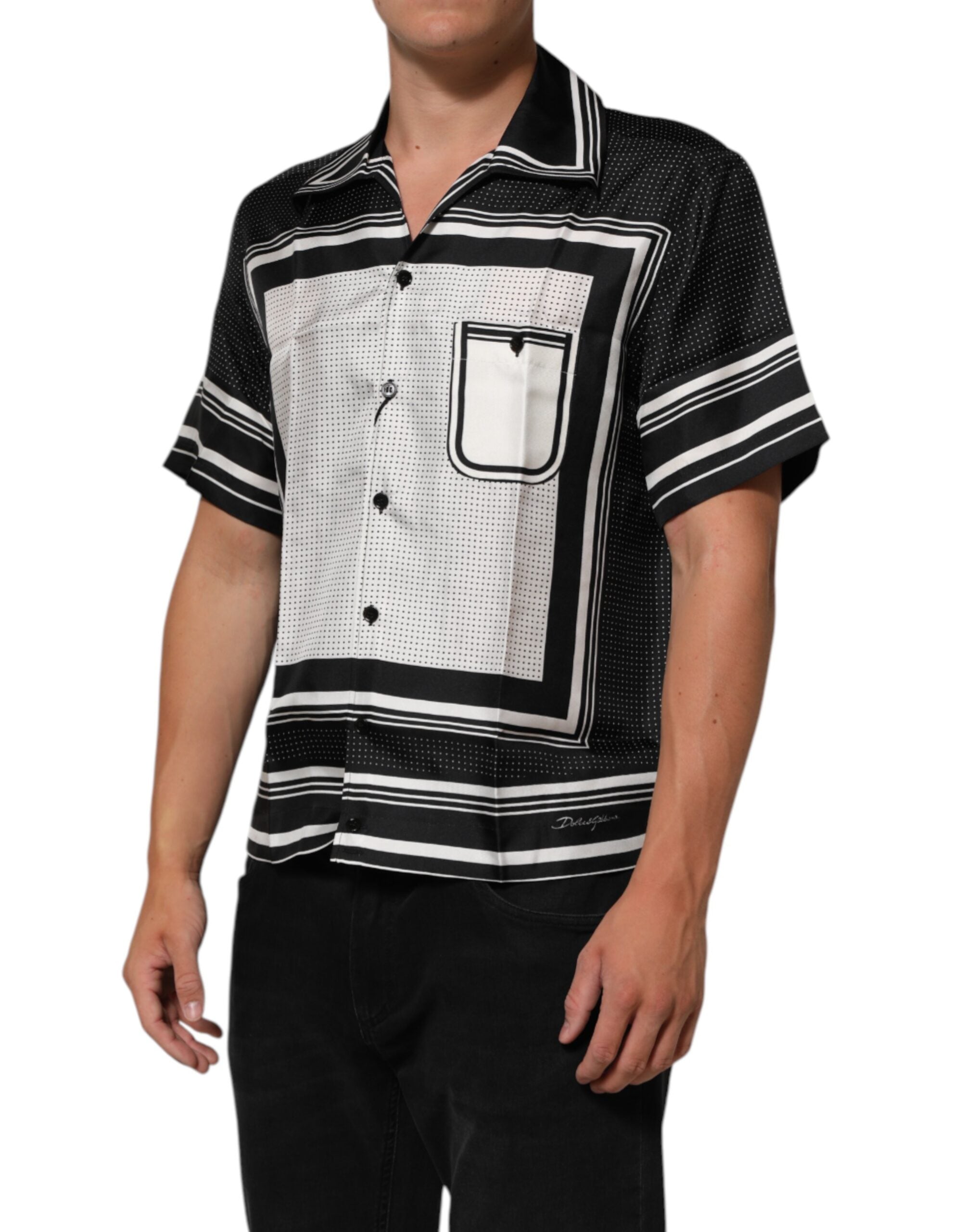 Black White StripeDot Print Casual Polo Shirt - ventzia