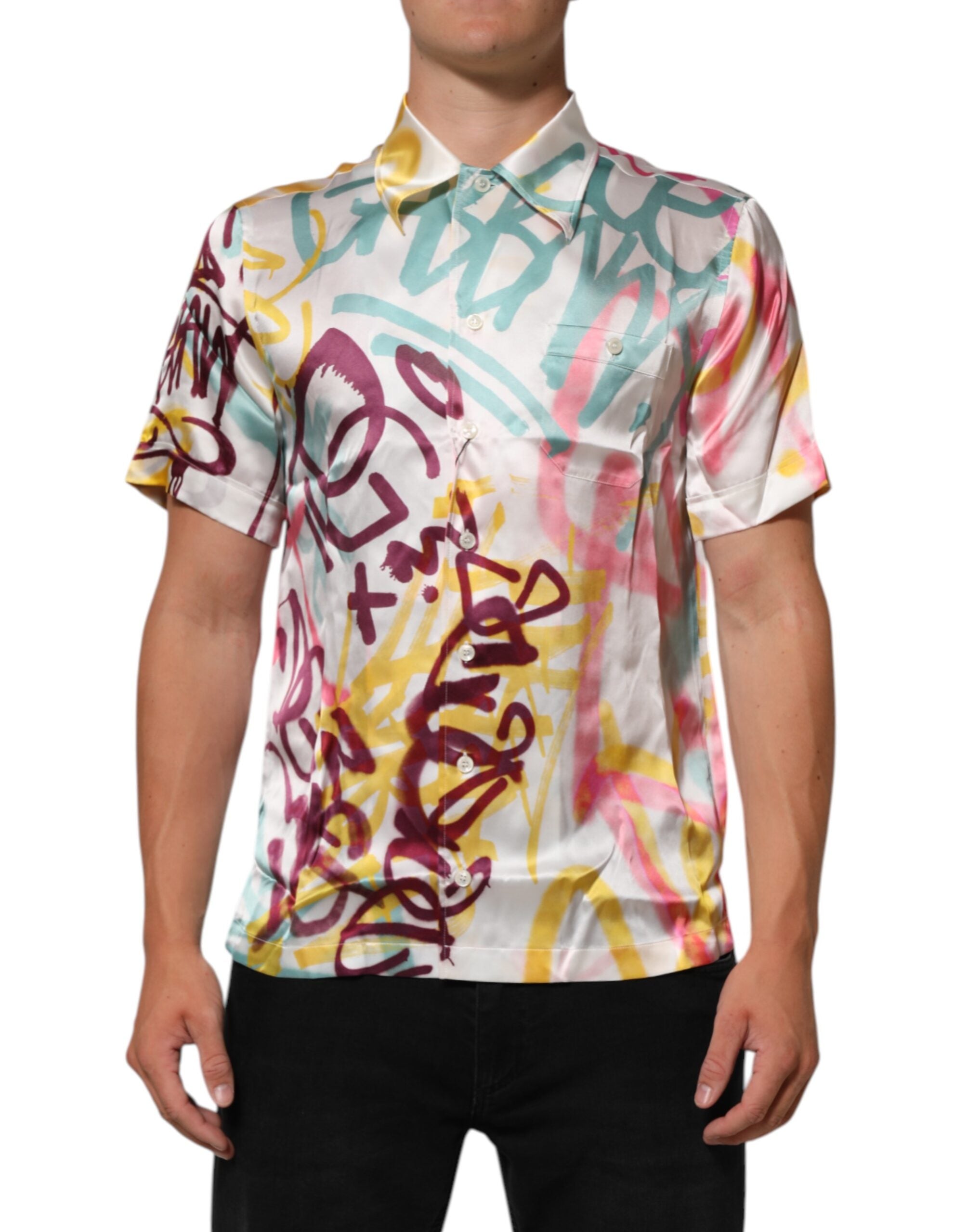 White Silk Hawaiian Graffiti Print Men Casual Shirt - ventzia
