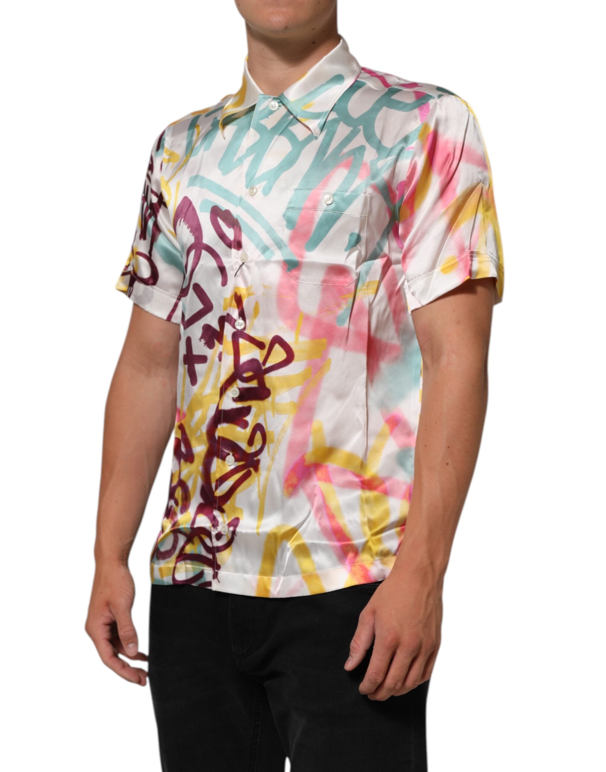 White Silk Hawaiian Graffiti Print Men Casual Shirt - ventzia