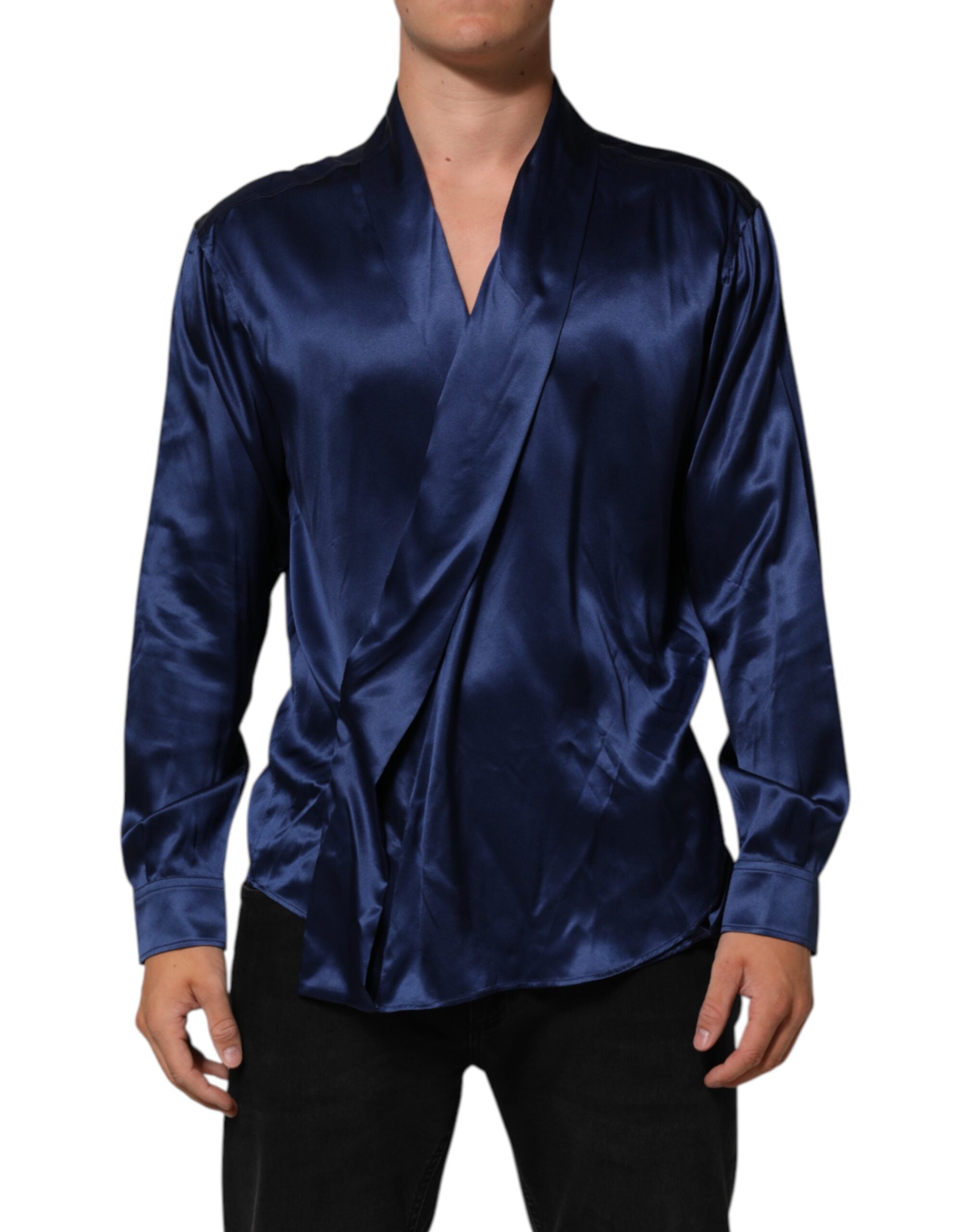 Blue Oversize Silk Satin Long Sleeves Shirt - ventzia
