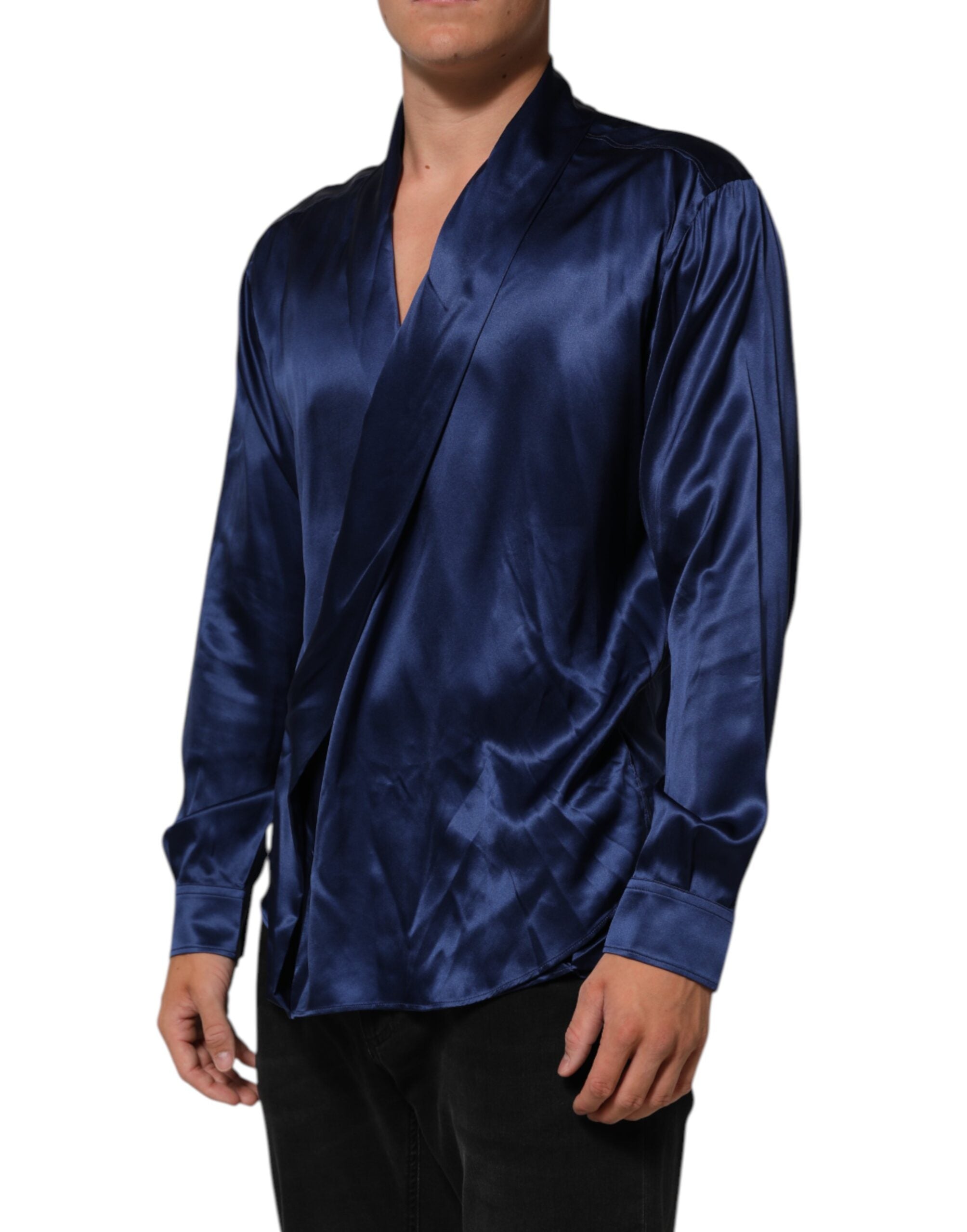 Blue Oversize Silk Satin Long Sleeves Shirt - ventzia