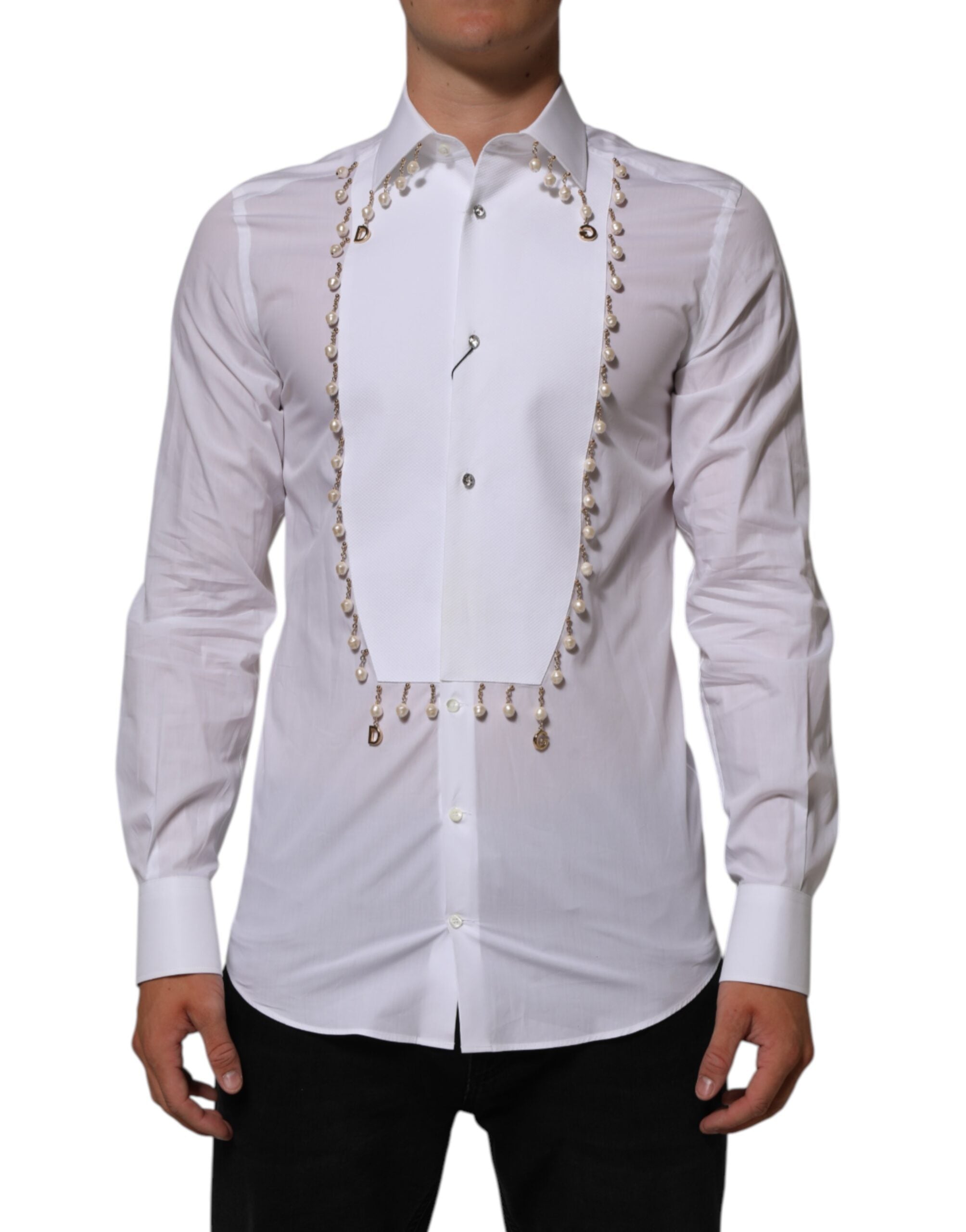 White Cotton DG Logo Pearl GOLD Formal Shirt - ventzia