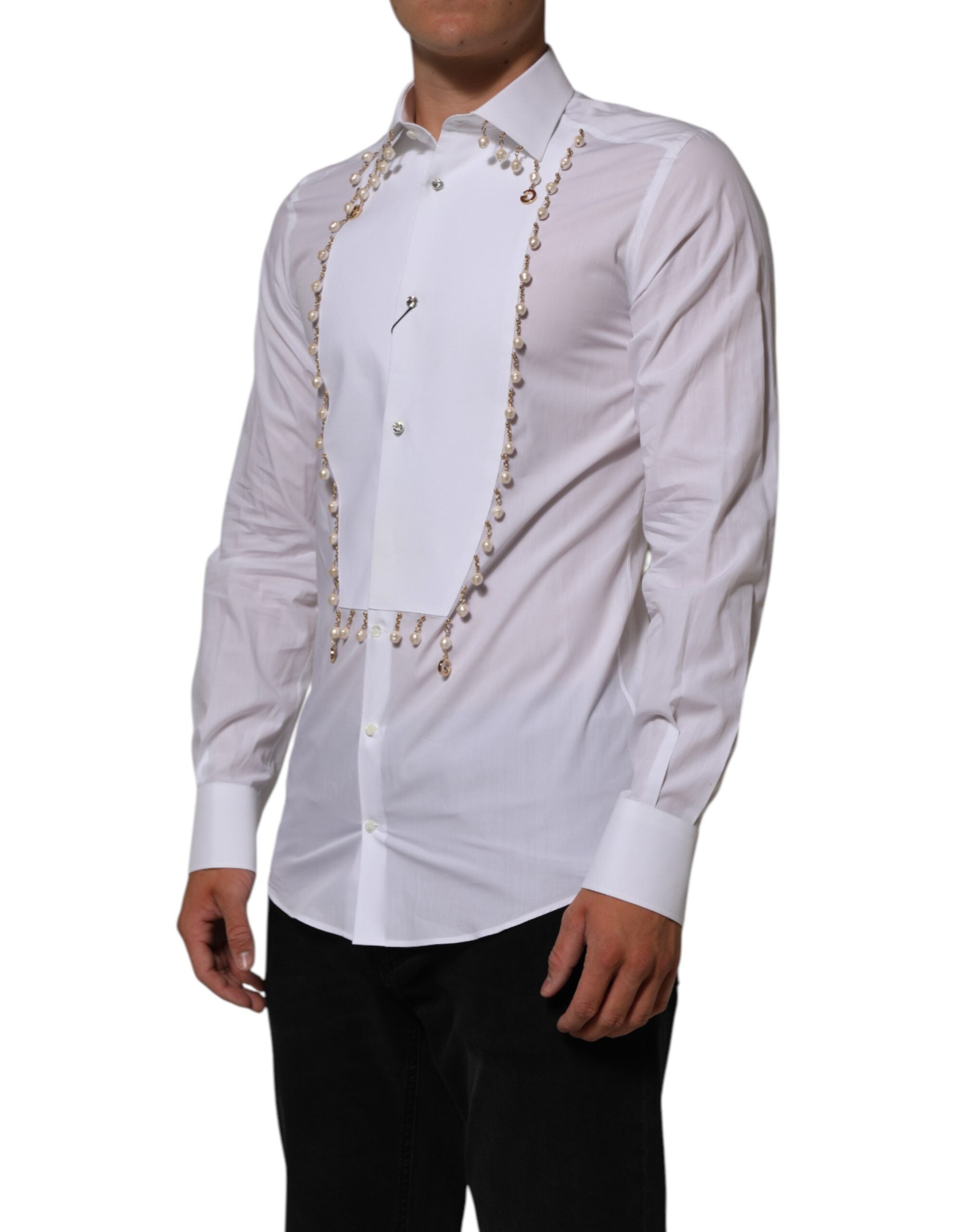 White Cotton DG Logo Pearl GOLD Formal Shirt - ventzia
