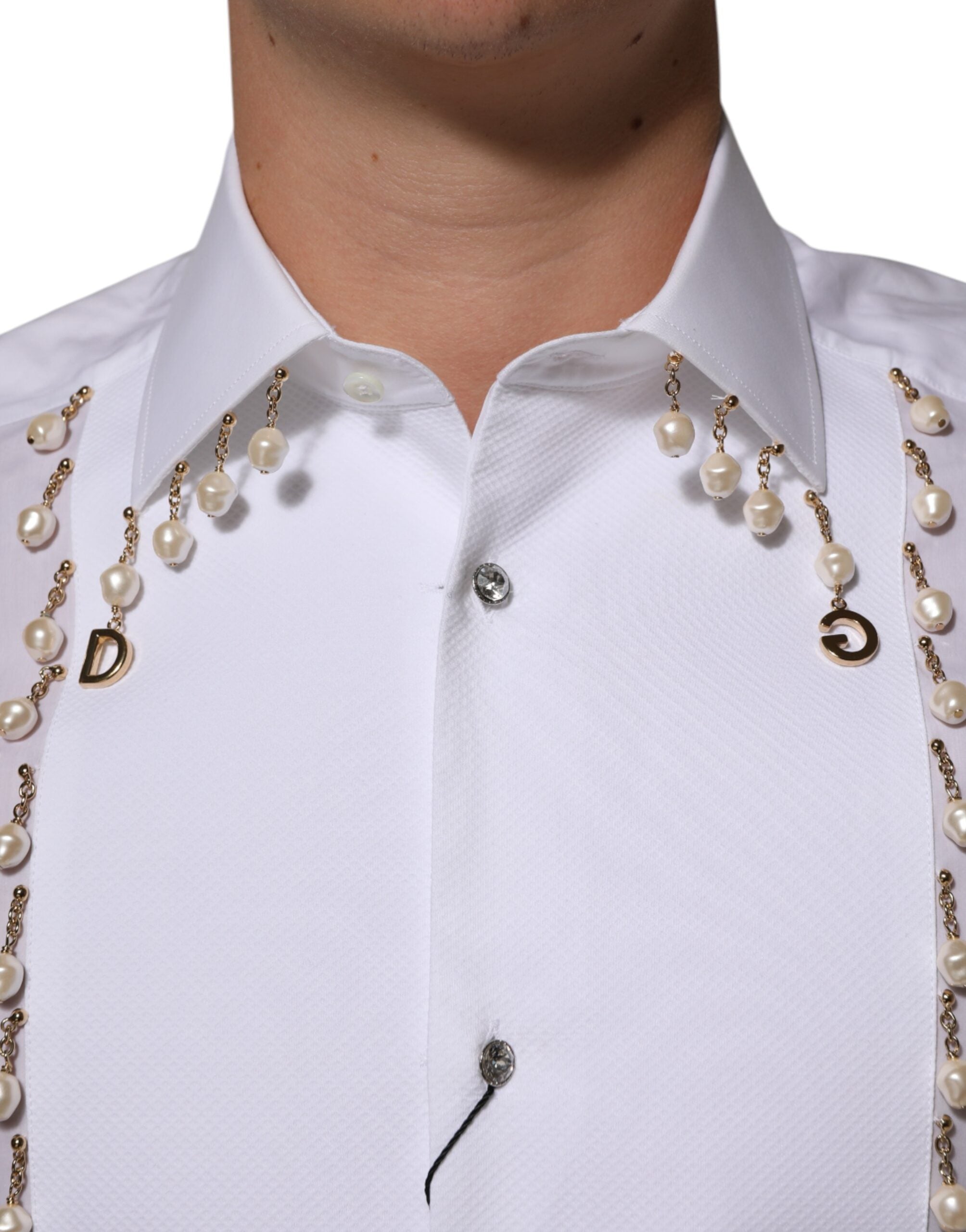 White Cotton DG Logo Pearl GOLD Formal Shirt - ventzia