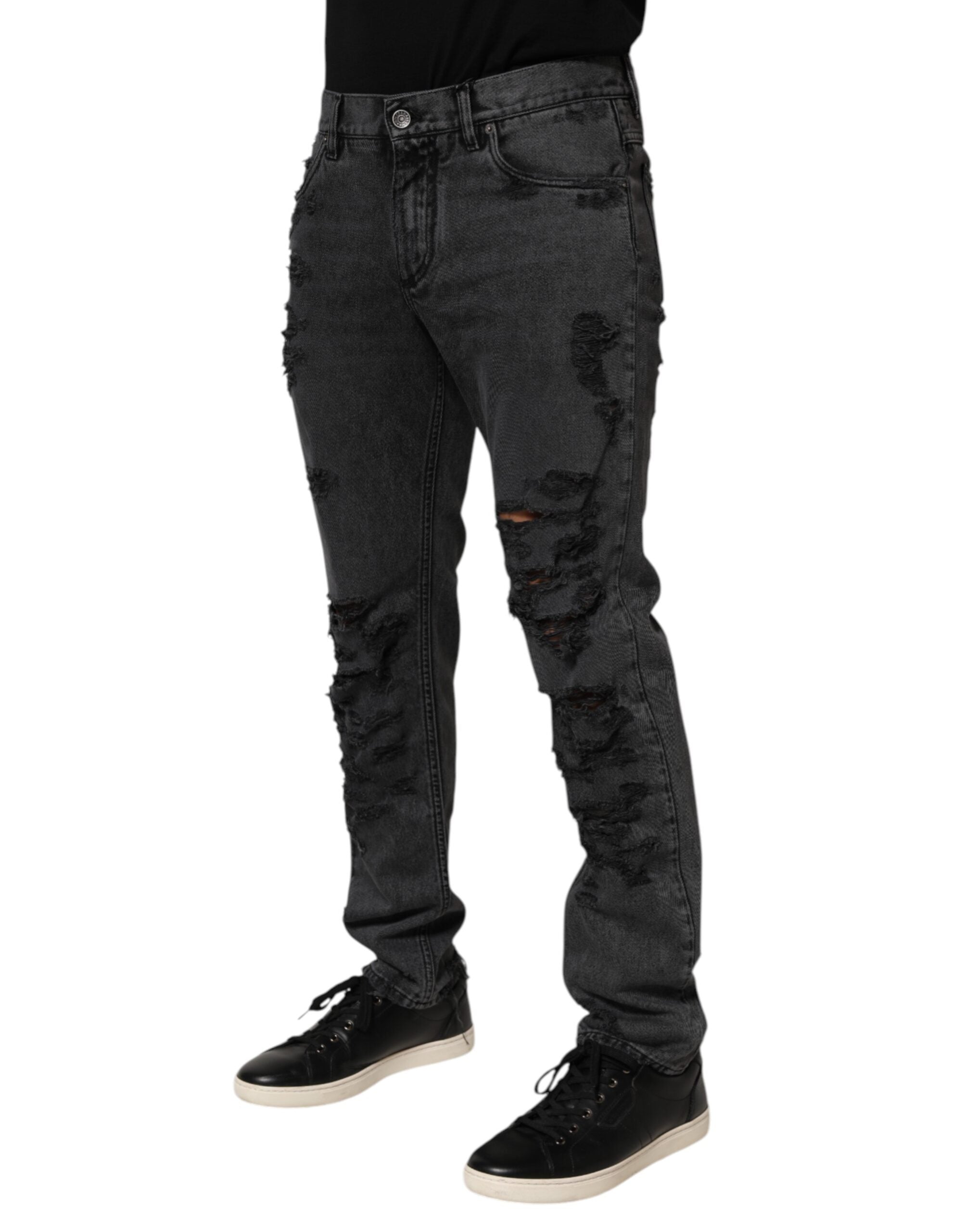 Black Tattered Skinny Cotton Men Denim Jeans - ventzia
