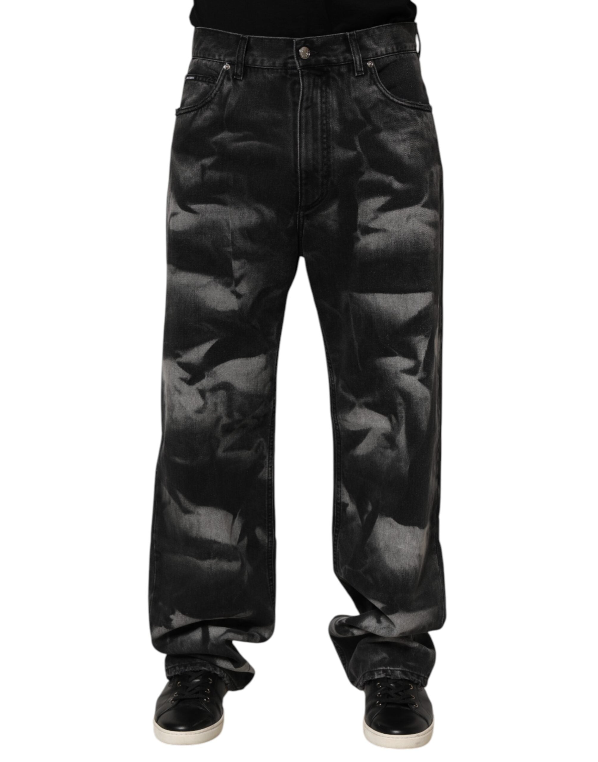 Black Marbled Effect Straight Men Denim Jeans - ventzia