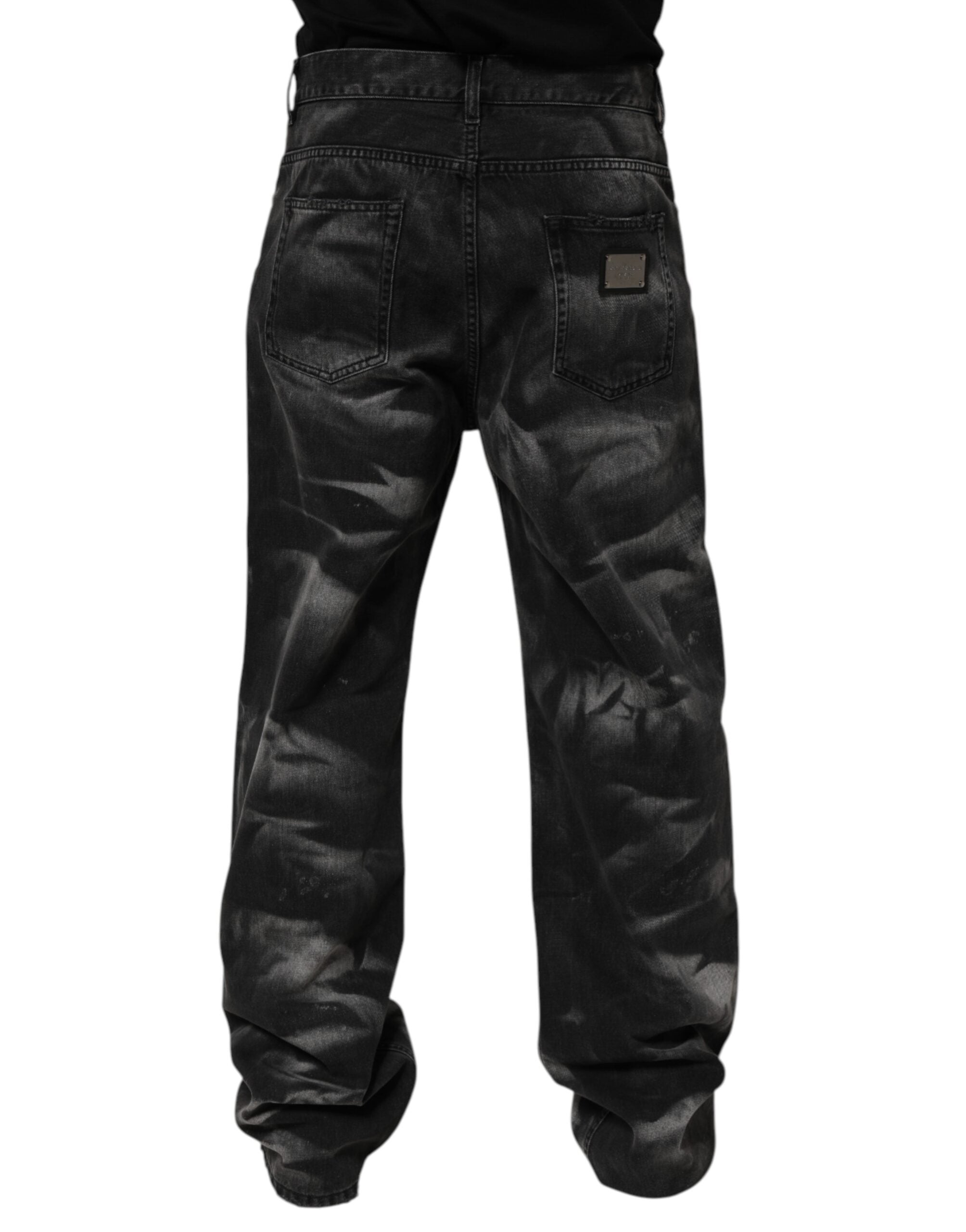 Black Marbled Effect Straight Men Denim Jeans - ventzia