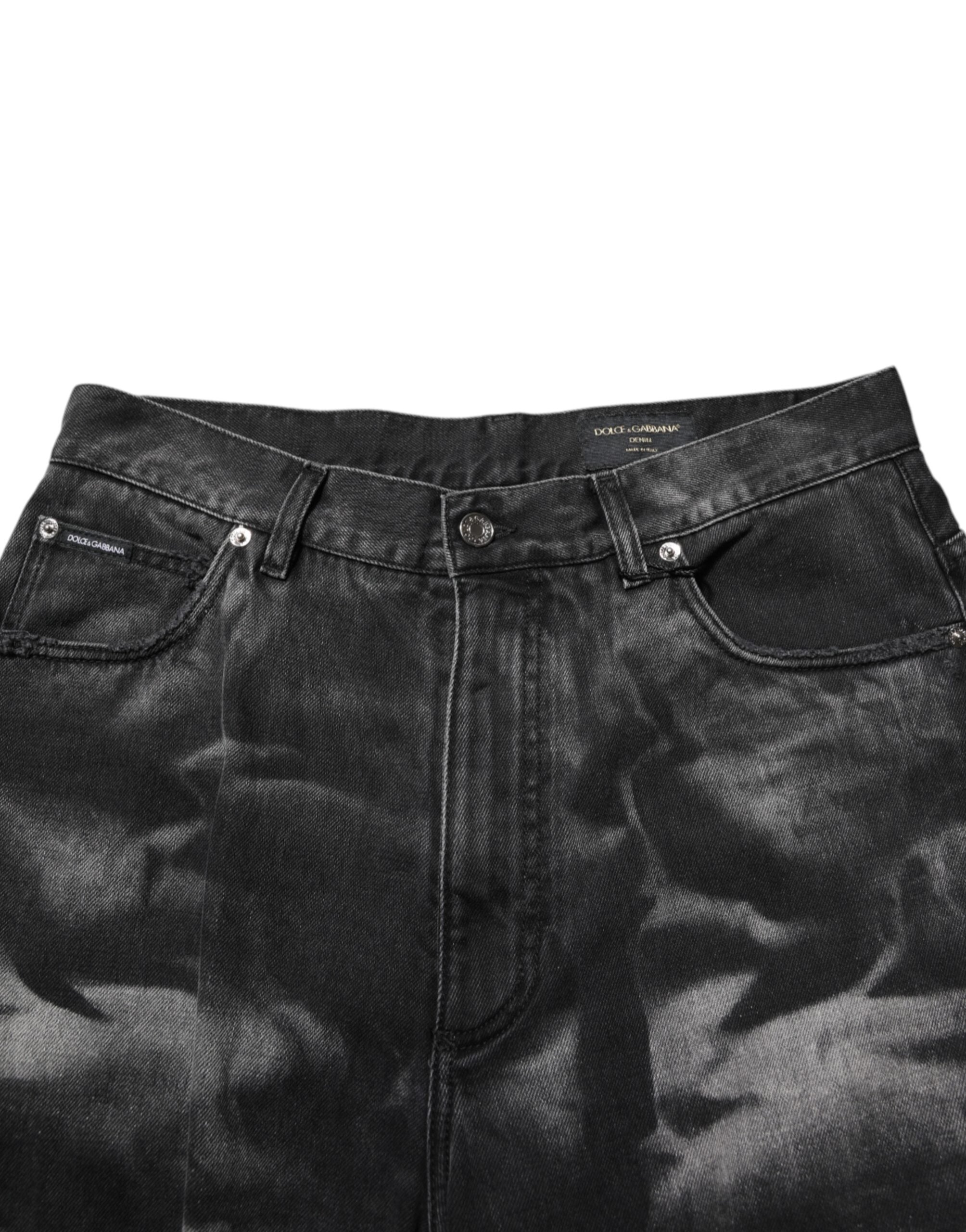 Black Marbled Effect Straight Men Denim Jeans - ventzia